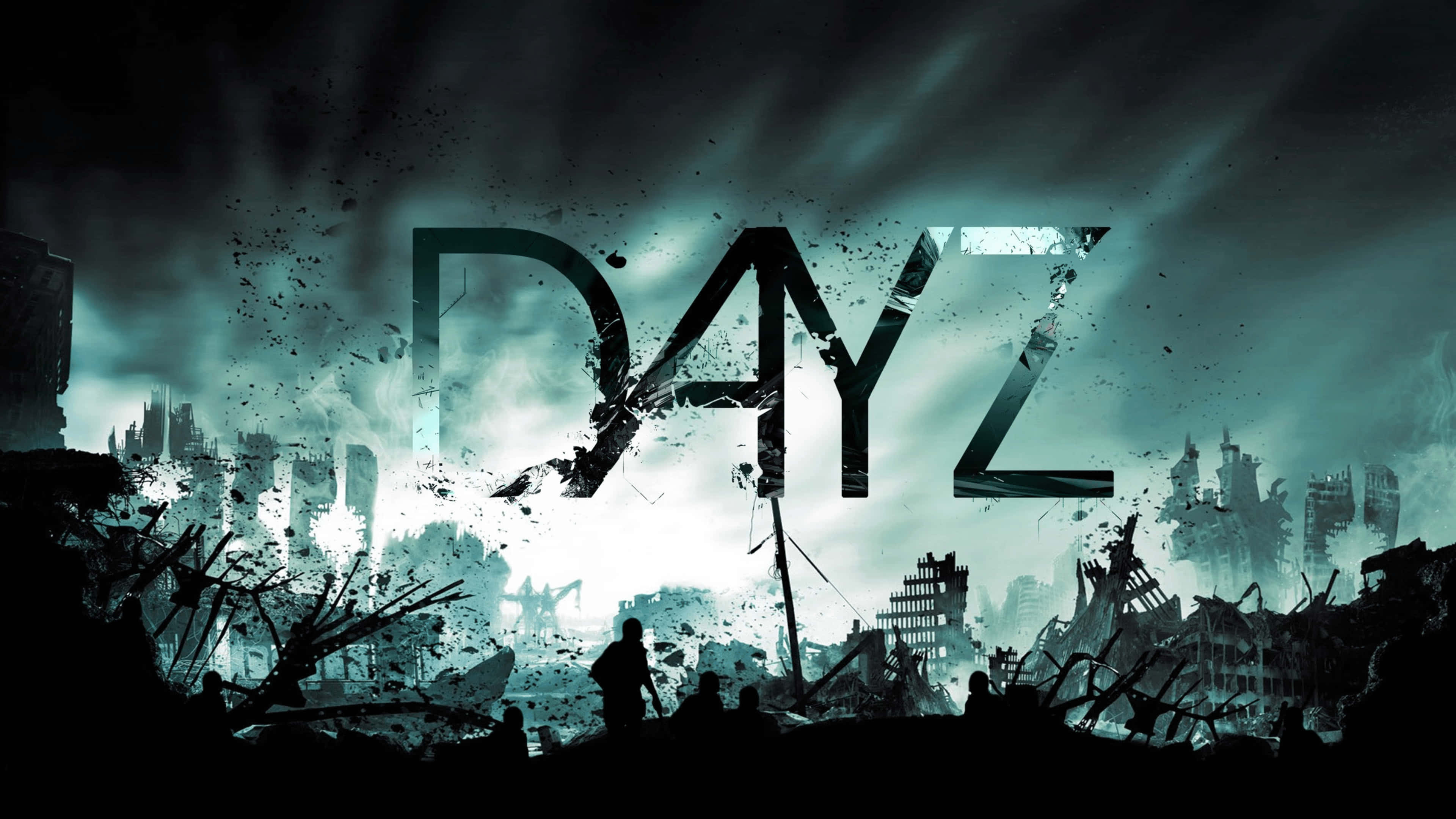 game 桌布 壁紙 — 剪影中的倖存者站在破碎的「DAYZ」標誌前，背景是風暴青綠色天空下的廢墟城市景觀。
