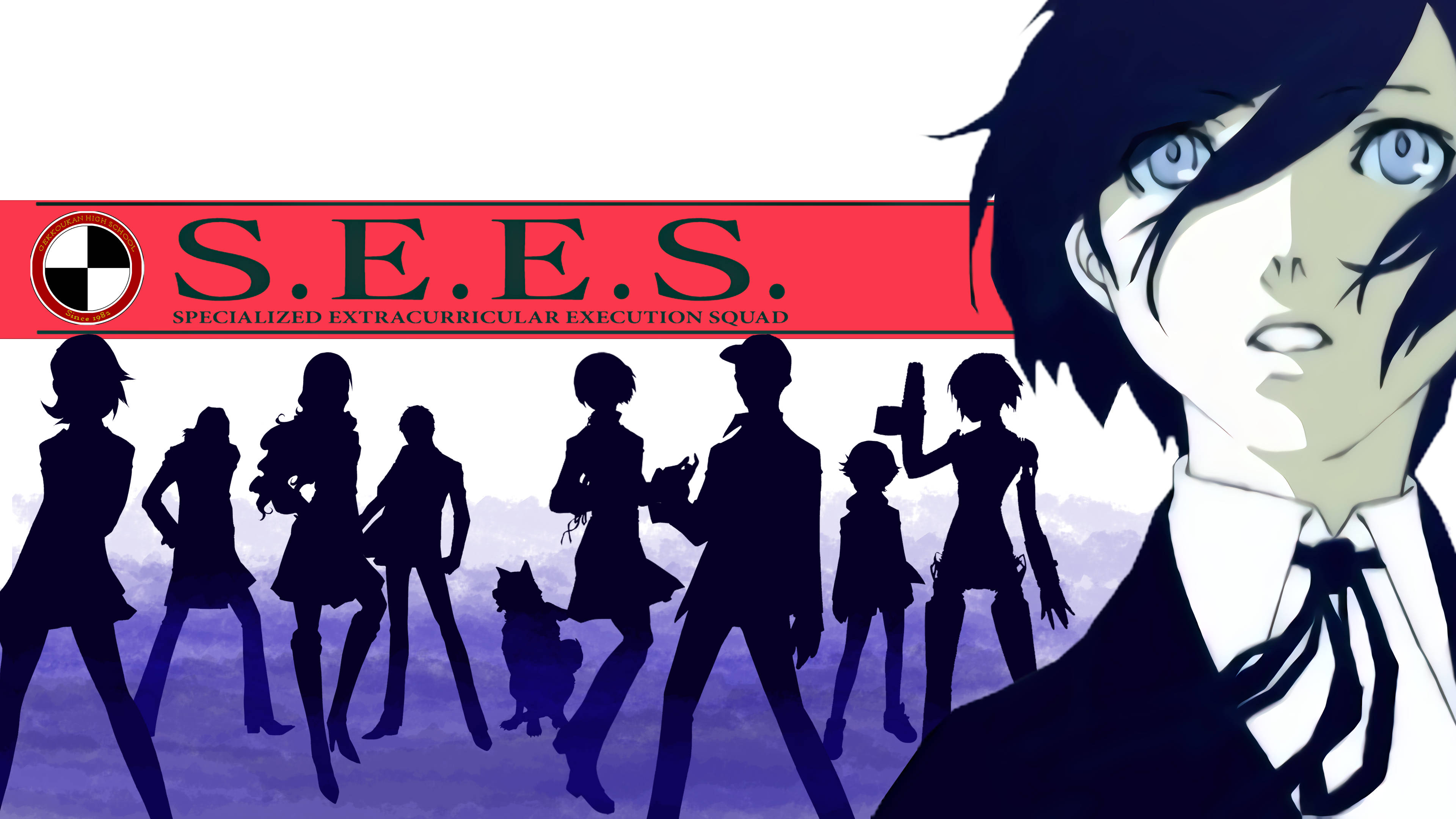 Persona 3 桌布 壁紙 — 剪影中的動漫角色站在帶有S.E.E.S.標誌的紅色橫幅前，而右側則是一個藍眼角色的特寫。