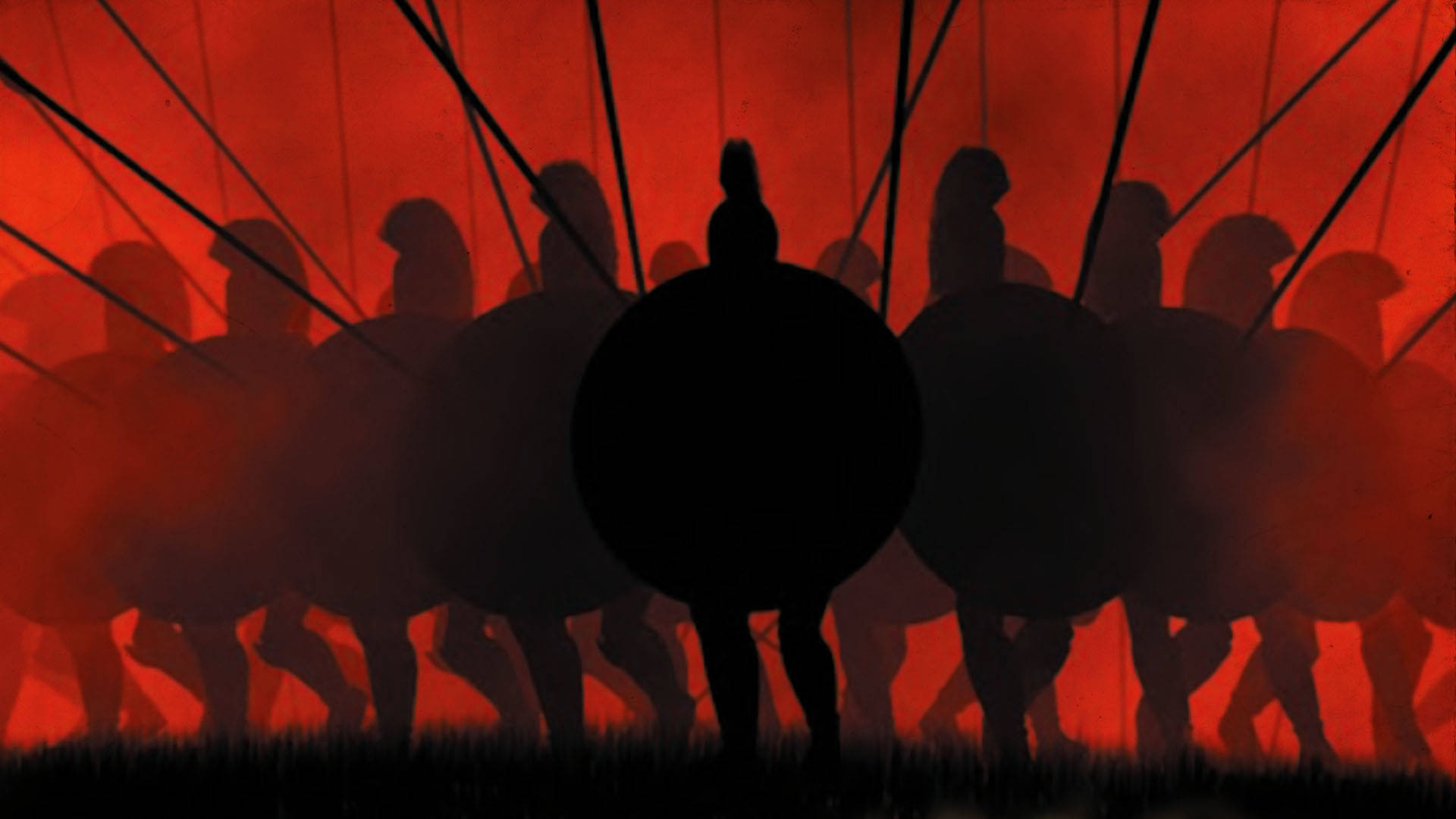 Total War 桌布 壁紙 — 剪影中的古代戰士手持圓盾，在火紅的天空下排列成陣。