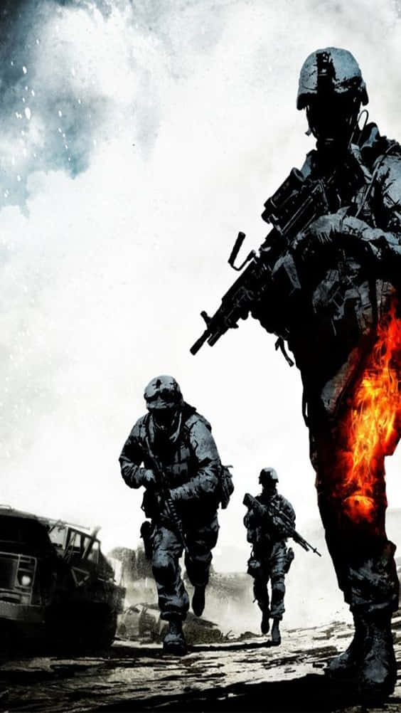 Pixel 3xl Battlefield V 桌布 壁紙 — 剪影中的士兵在戰火摧殘的景觀中前進，其中一人被火焰吞噬，背景是暴風雨的天空。