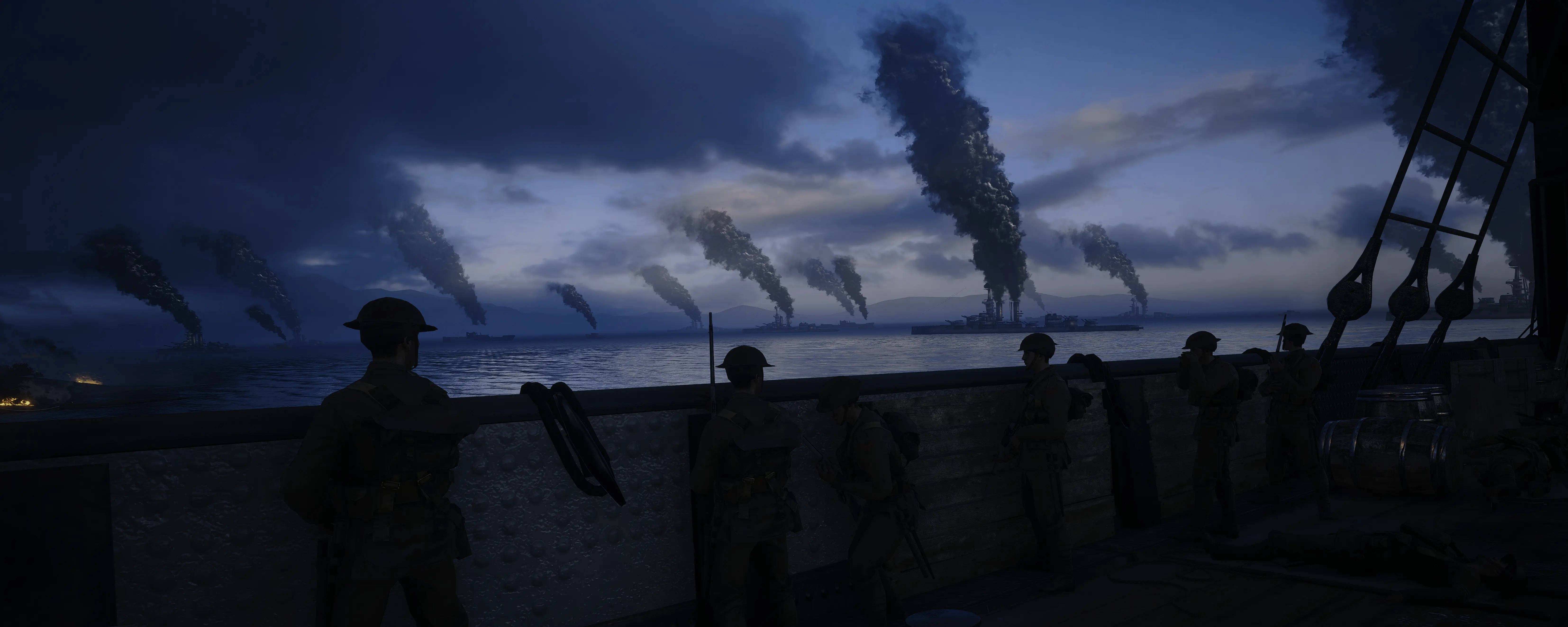 4K 戰地風雲1 桌布 壁紙 — 剪影中的士兵站在船甲板上，看著暮色中遠處工業煙囪升起的煙霧。