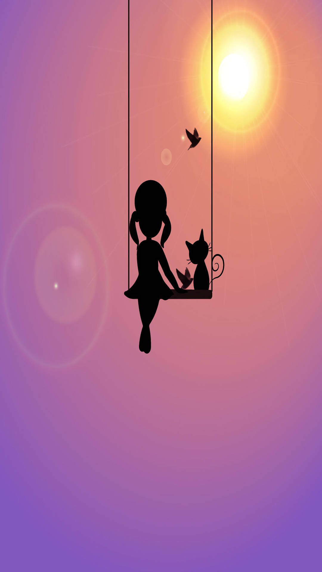 Silhouette 桌布 壁紙 — 剪影中的女孩和貓在鞦韆上，背景是發光的日落天空，有一隻飛鳥。