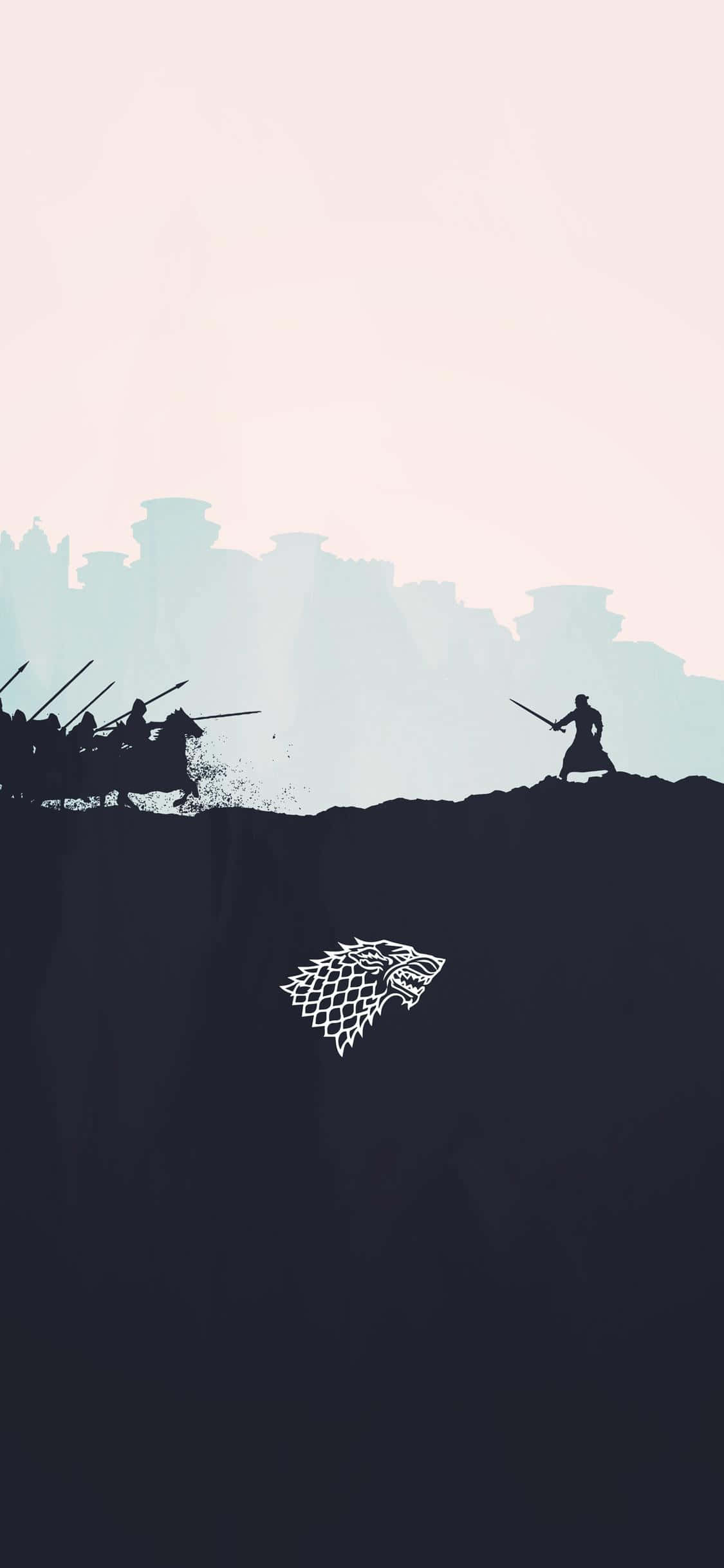 Game Of Thrones iPhone 桌布 壁紙 — 剪影中的孤獨戰士站在懸崖頂上，面對衝鋒的騎兵，背景有霧中的城堡，下方有史塔克家族標誌。