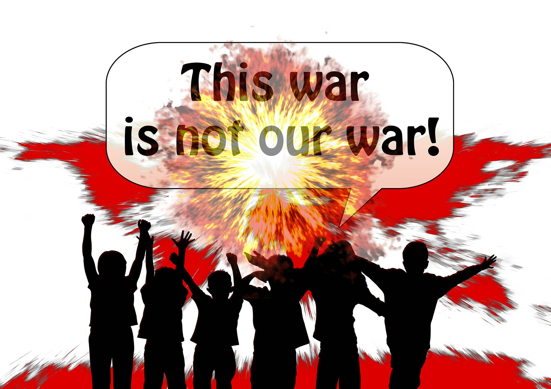 World 桌布 壁紙 — 剪影中的孩子在熾熱的爆炸和一個宣稱「這場戰爭不是我們的戰爭！」的對話氣泡下勝利地舉起拳頭。