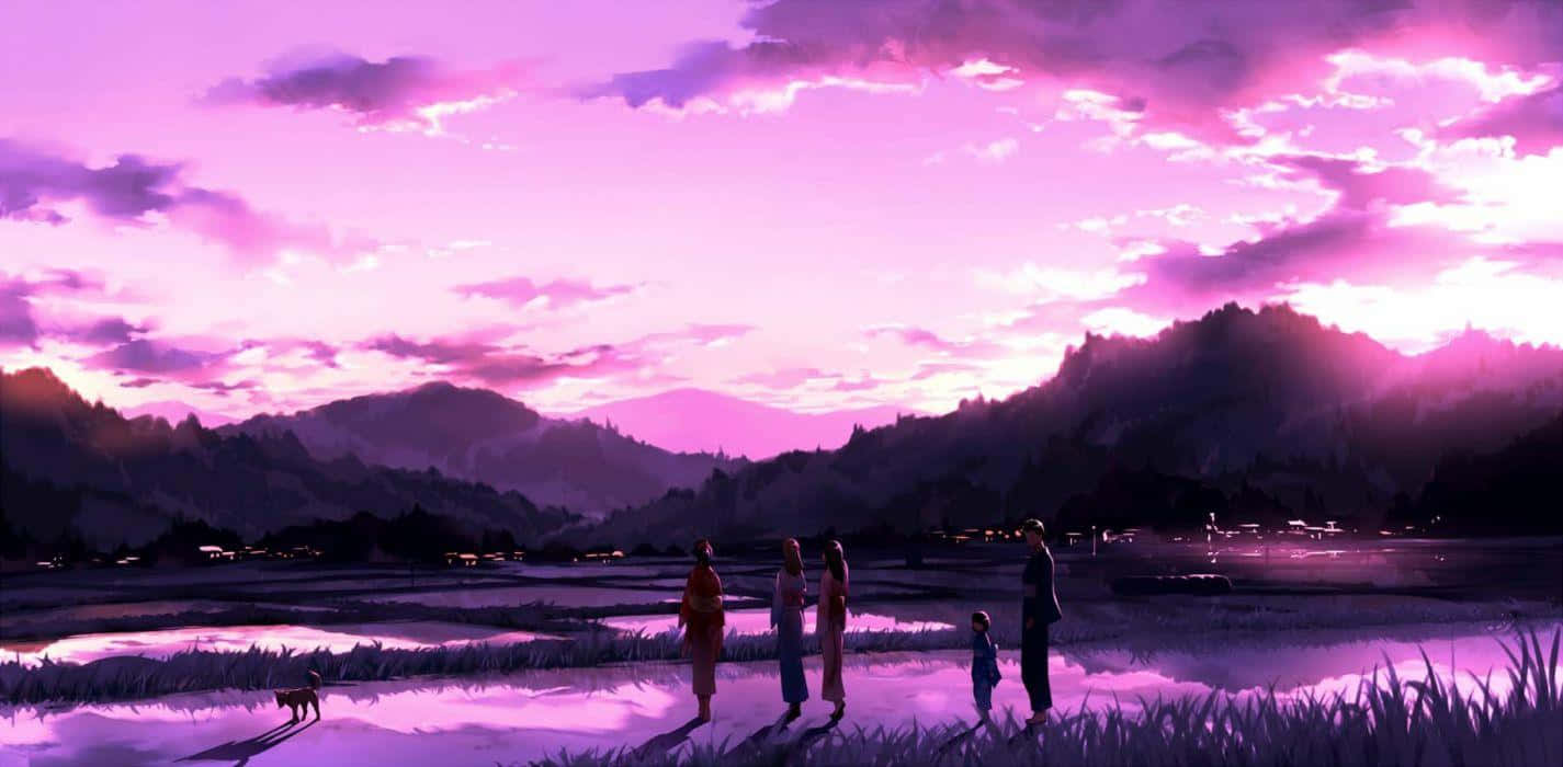 Pink Anime 桌布 壁紙 — 剪影中的家庭和狗站在反射的水稻田中，背景是充滿活力的紫色日落天空和遠處的山脈。
