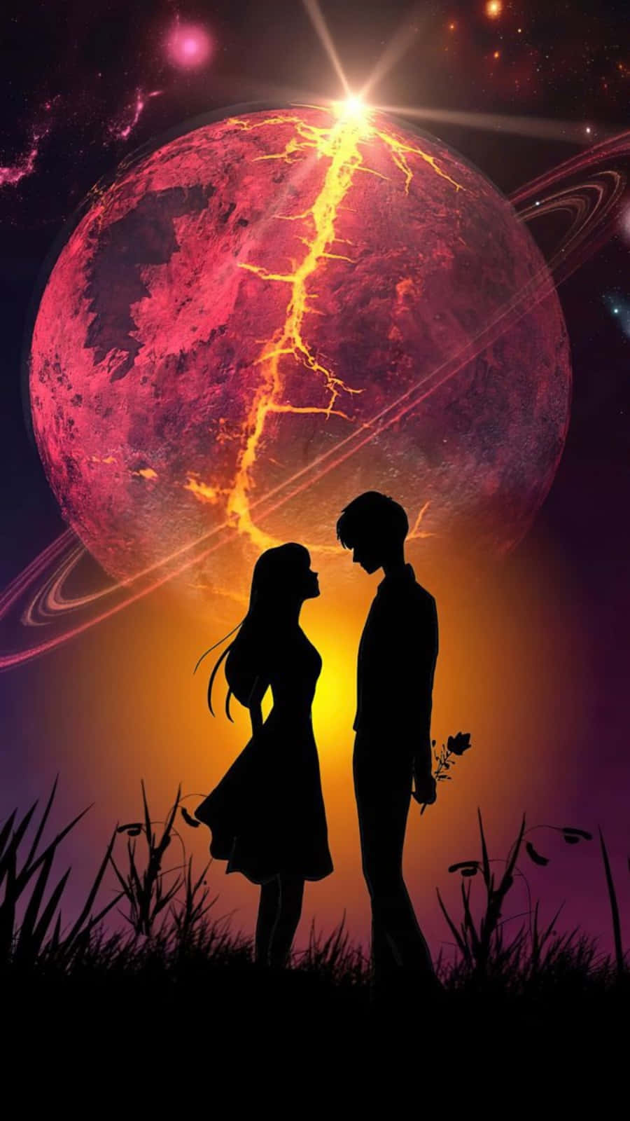 lover 桌布 壁紙 — 剪影中的戀人在發光的紅色行星下互相凝視，行星帶有閃電和光環，背景是宇宙天空。