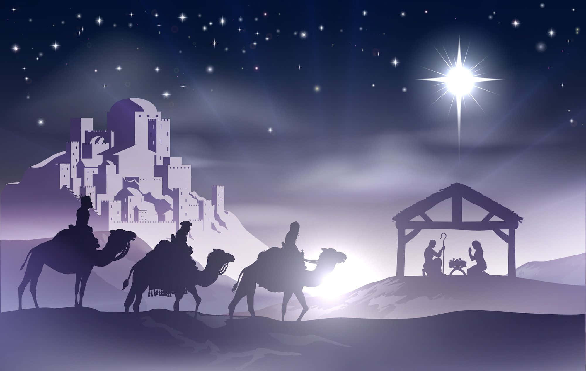 Nativity 桌布 壁紙 — 剪影中的智者騎著駱駝，朝向馬槽場景上方一顆閃耀的星星，背景是山丘上的城堡和繁星點點的夜空。