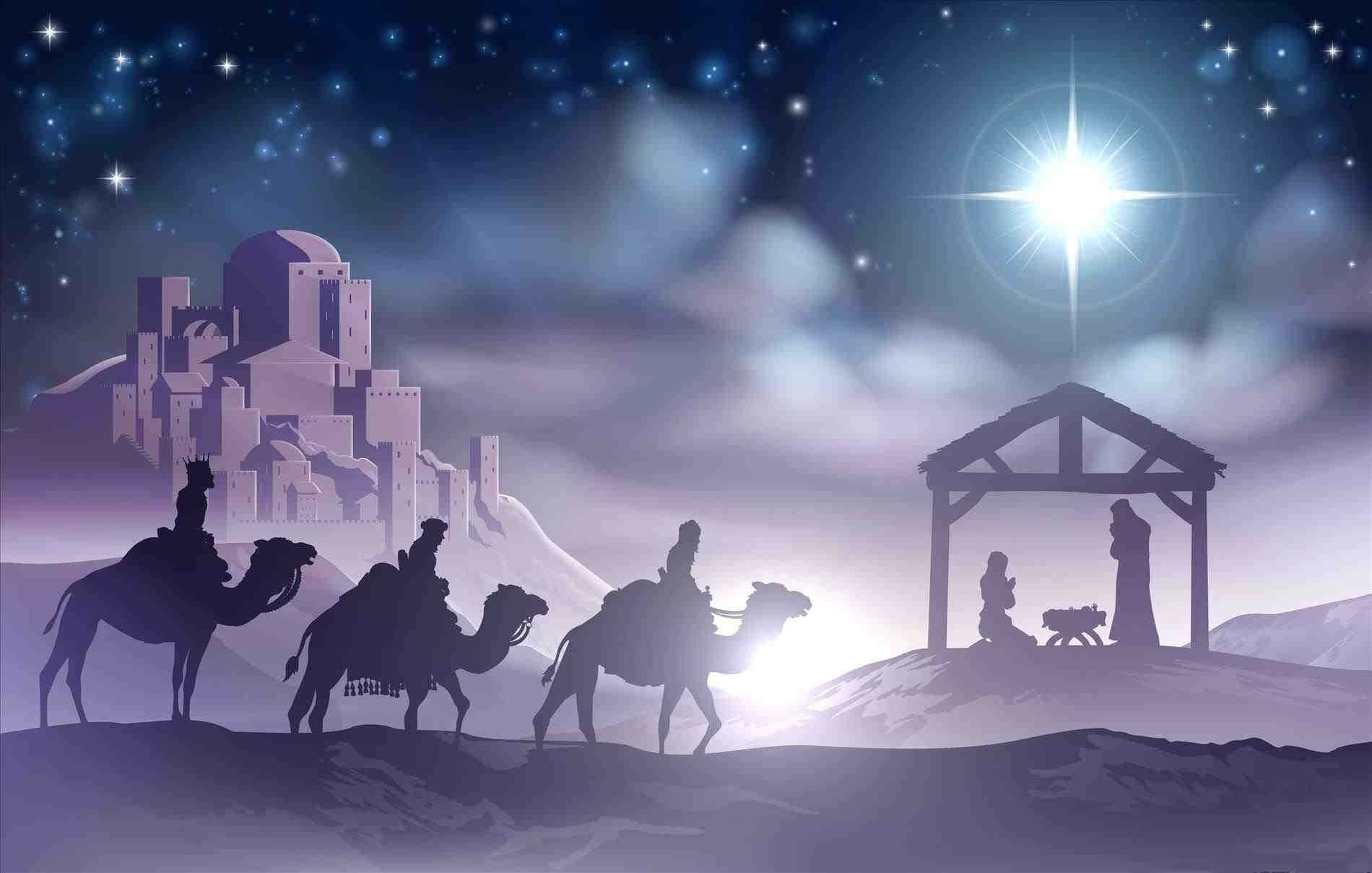 Nativity Scene 桌布 壁紙 — 剪影中的智者騎著駱駝，朝著馬槽場景上方一顆發光的星星前進，遠處有城堡，背景是繁星點點的夜空。