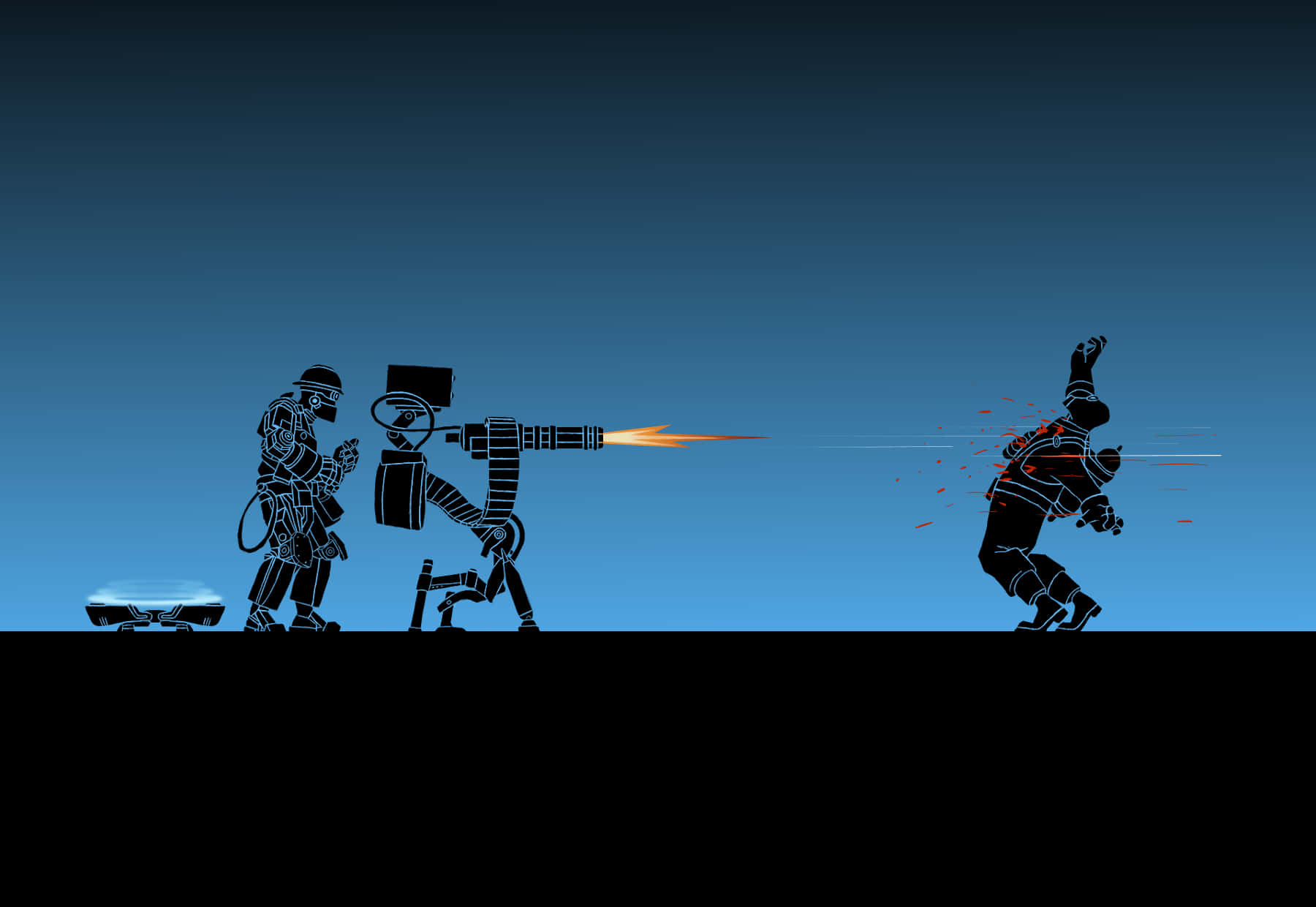Team Fortress 2 桌布 壁紙 — 剪影中的未來裝甲士兵向敵人開火，敵人在藍色漸變背景上被爆炸擊中。