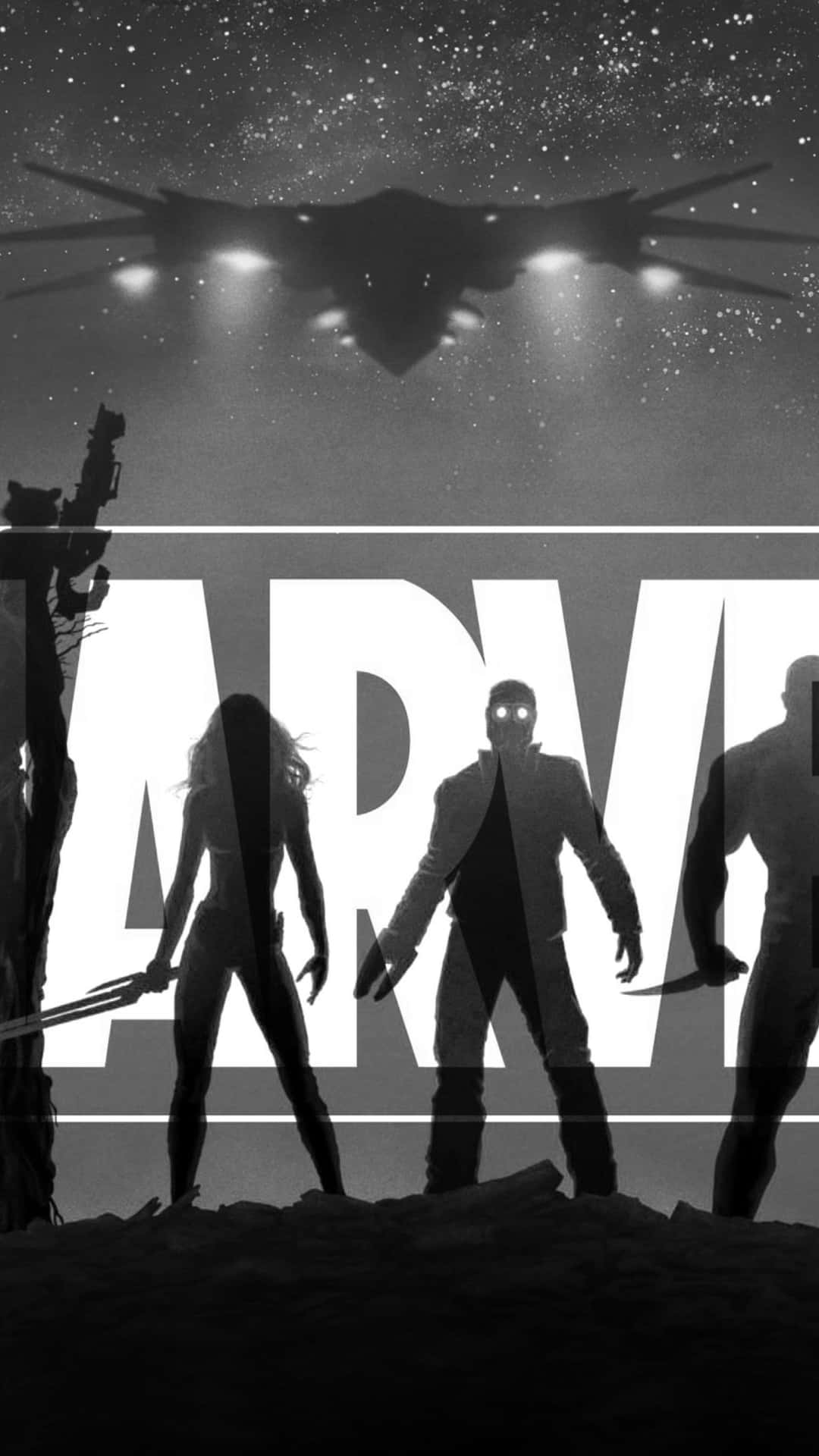 Marvel Black And White 桌布 壁紙 — 剪影中的漫威英雄在星空下傲然站立，一艘未來風格的飛行器在他們上方盤旋。