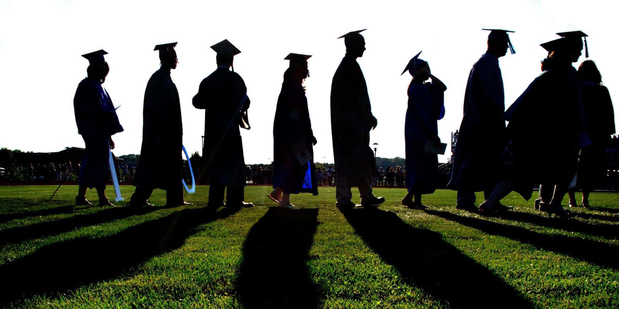 Graduation 桌布 壁紙 — 剪影中的畢業生穿著畢業袍和學士帽，走過陽光明媚的草地，投下長長的影子。
