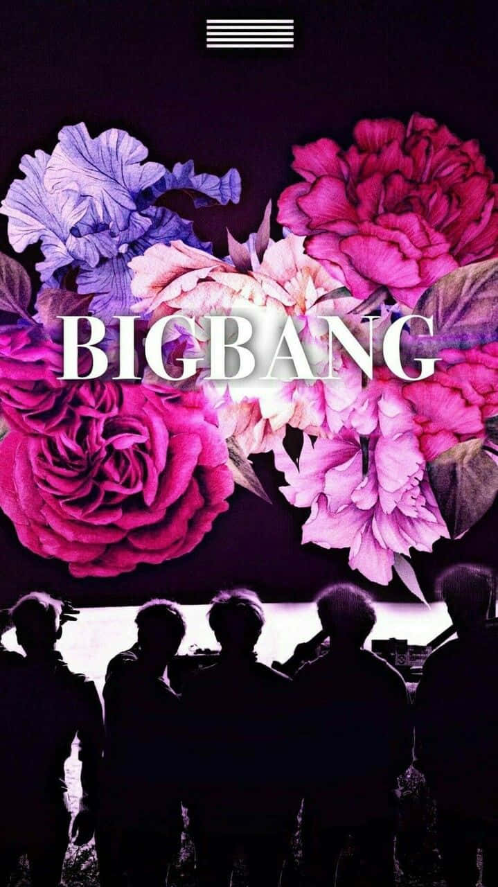 big bang 桌布 壁紙 — 剪影人物仰望充滿活力的花卉爆炸，背景黑暗，BIGBANG 字樣以白色發光。