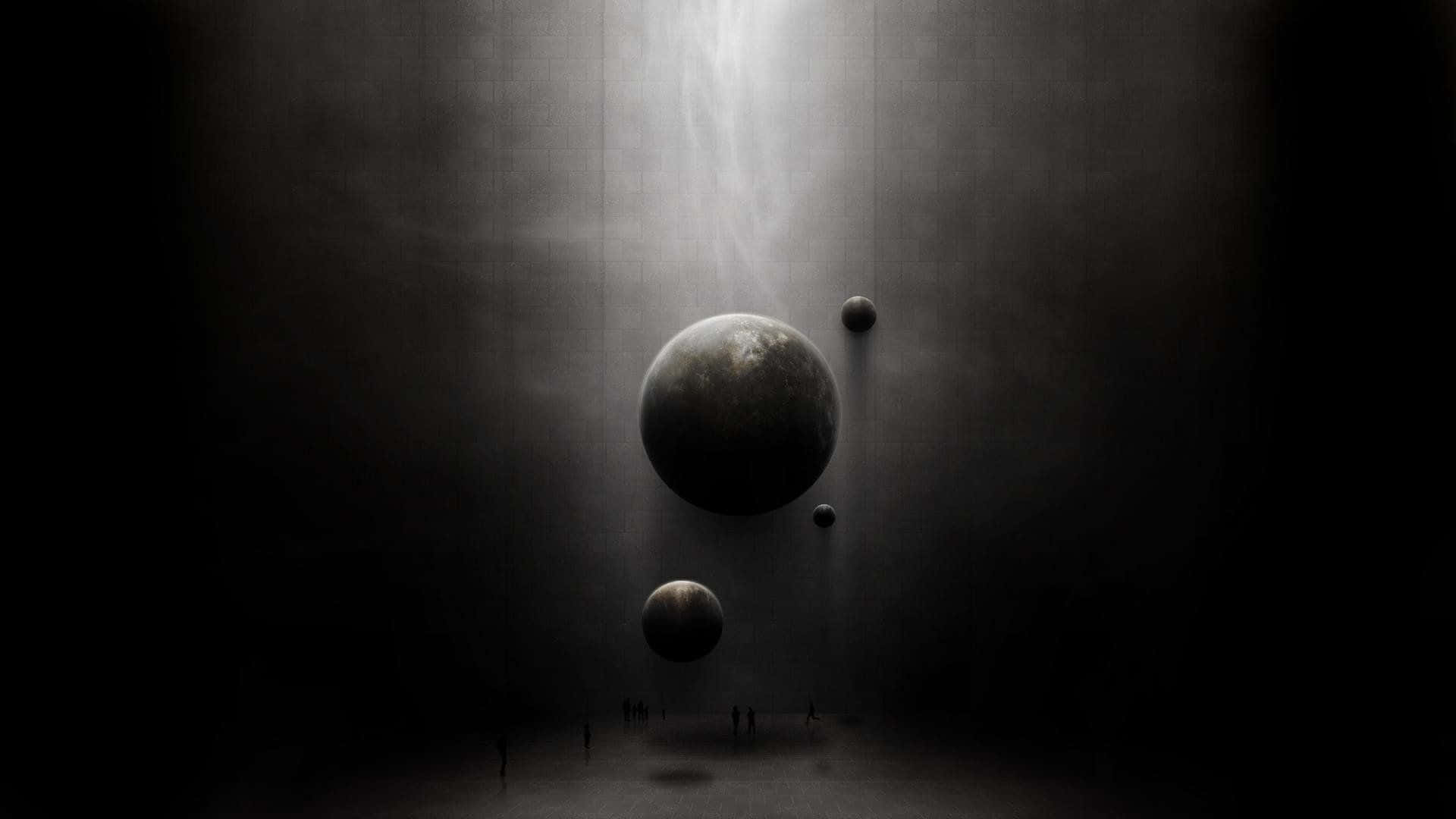 Dark Surrealism 桌布 壁紙 — 剪影人物仰望漂浮的行星，被一道光束照亮在廣闊的黑暗虛空中。