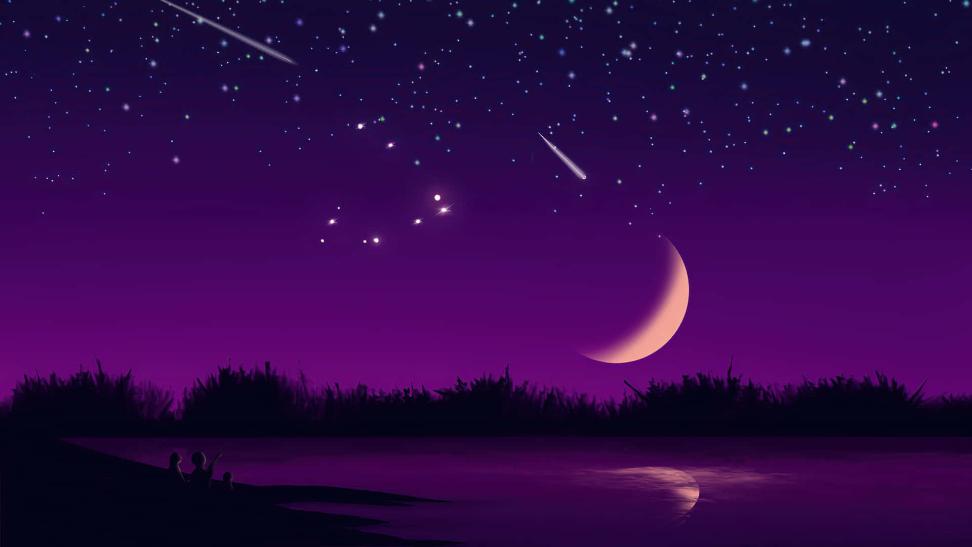 Aesthetic Night Sky 桌布 壁紙 — 剪影人物凝視著充滿星星和流星的鮮豔紫色夜空，下方是平靜的反射湖面。