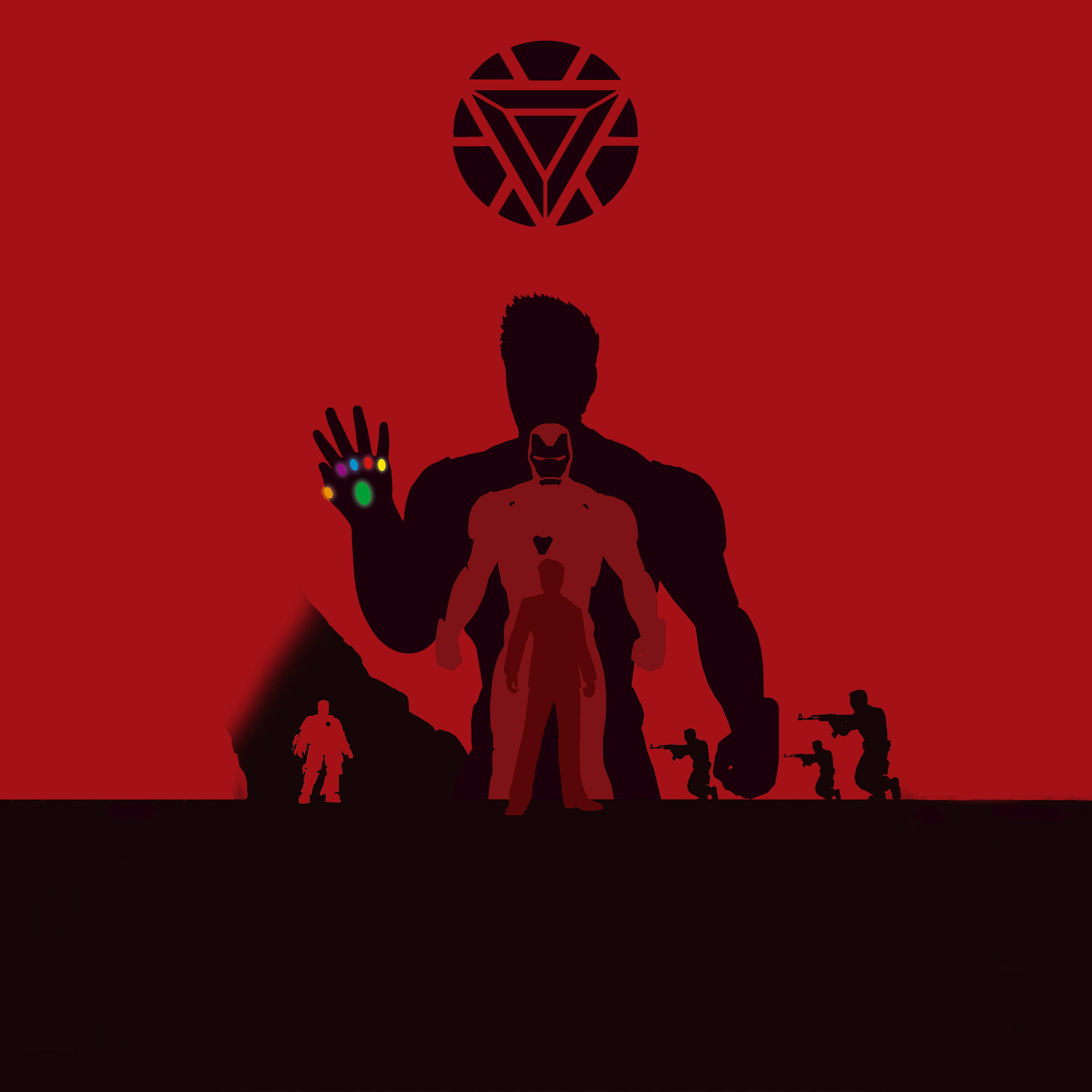 Marvel Minimalist 桌布 壁紙 — 剪影人物包括一個巨人手持發光的無限手套，站在深紅色背景上，上方有一個圓形標誌。