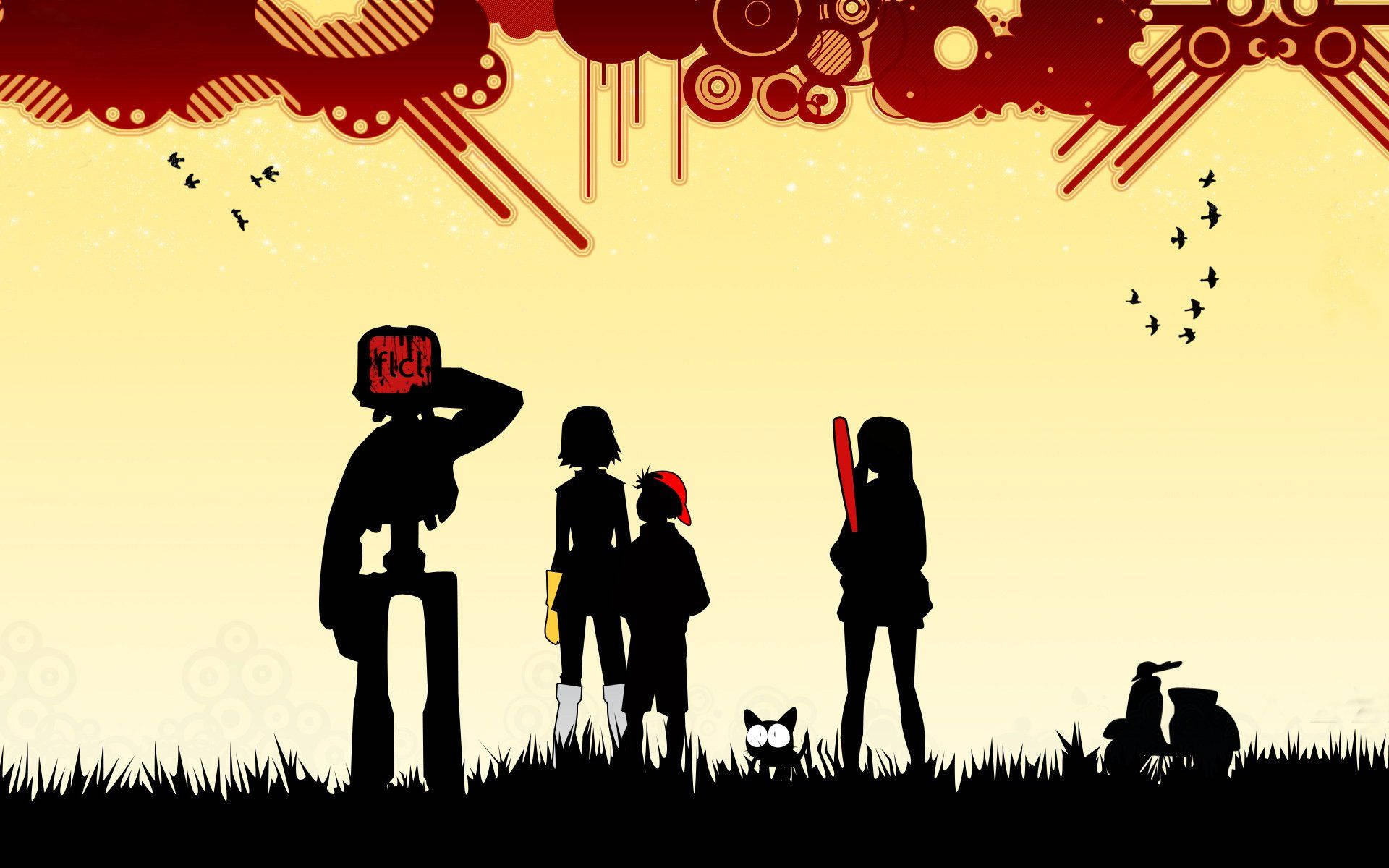Flcl 桌布 壁紙 — 剪影人物和一隻貓站在草地上，天空是風格化的紅色和黃色，有鳥兒飛翔。