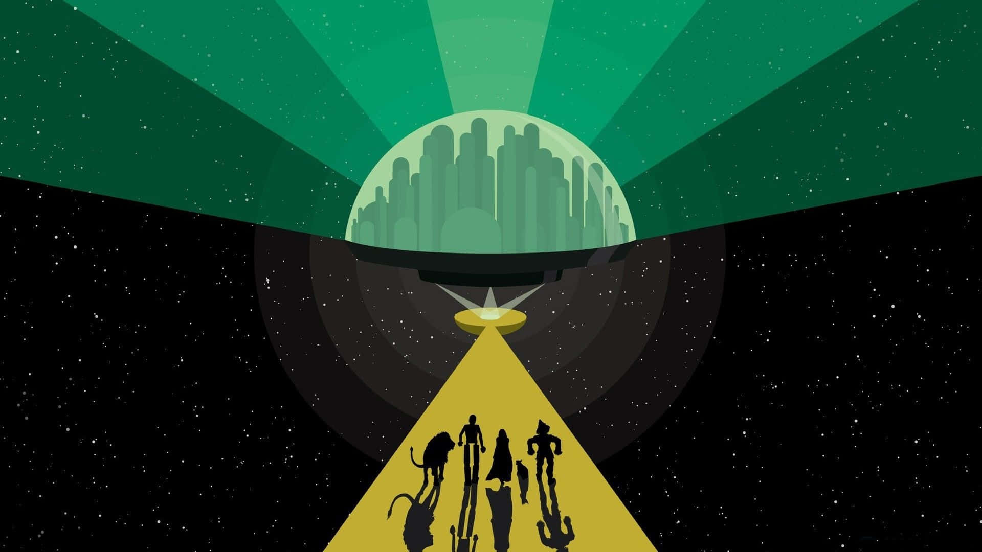 wizard of oz 桌布 壁紙 — 剪影人物和生物走向一個發光的UFO，懸浮在星空綠色天空下的城市景觀之上。