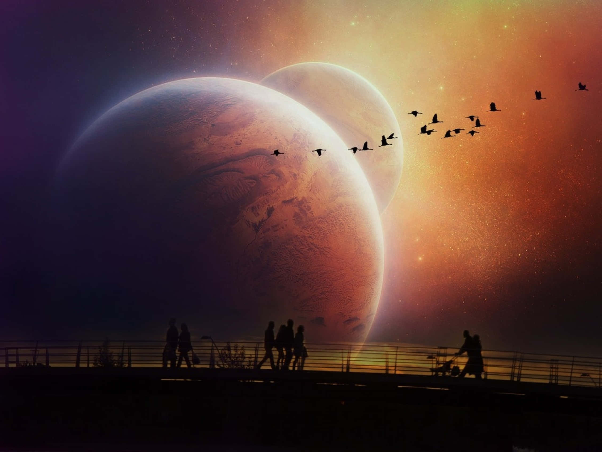 Silhouette 桌布 壁紙 — 剪影人物和鳥類沿著欄杆行走，下方是兩個巨大的發光行星，背景是充滿活力的宇宙日落。