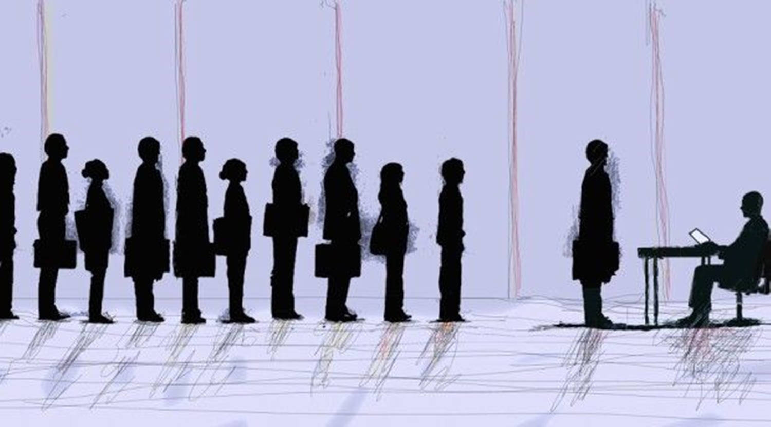 Silhouette 桌布 壁紙 — 剪影人物在極簡空間中排隊，一人坐在桌前使用筆記型電腦。
