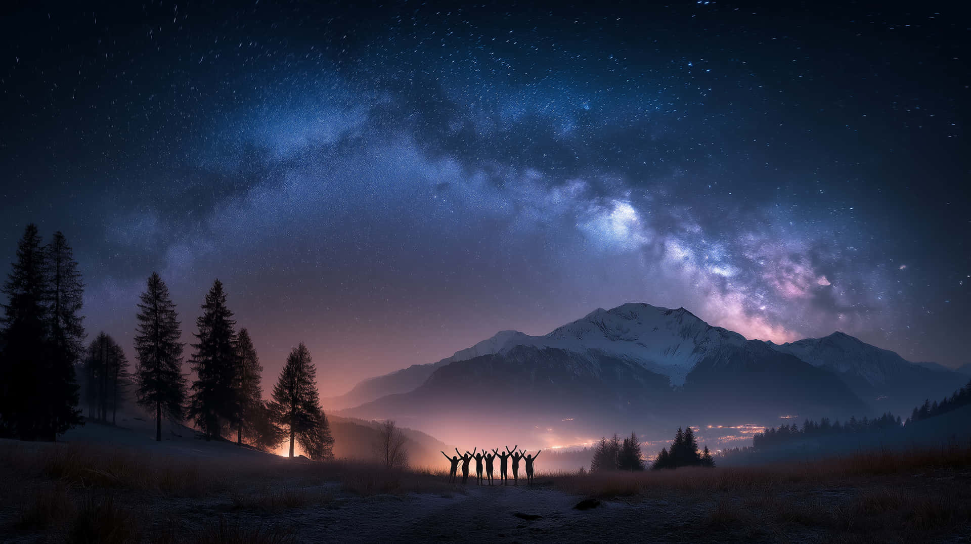 Group Under Starry Sky in Mountainous Night Landscape 壁紙 — 剪影人物在燦爛的銀河拱橋下舉起雙臂，銀河橫跨積雪的山峰和松樹。