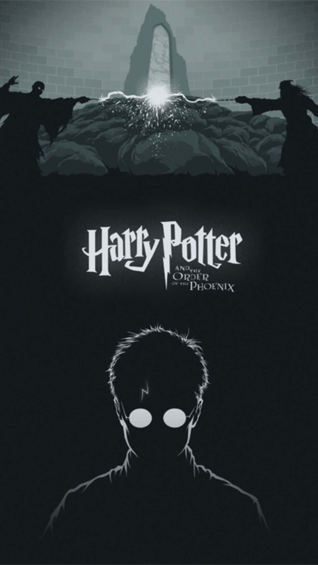 Harry Potter Black And White 桌布 壁紙 — 剪影人物在發光的石拱門上方決鬥，而哈利波特的臉在下方以鮮明的單色發光。