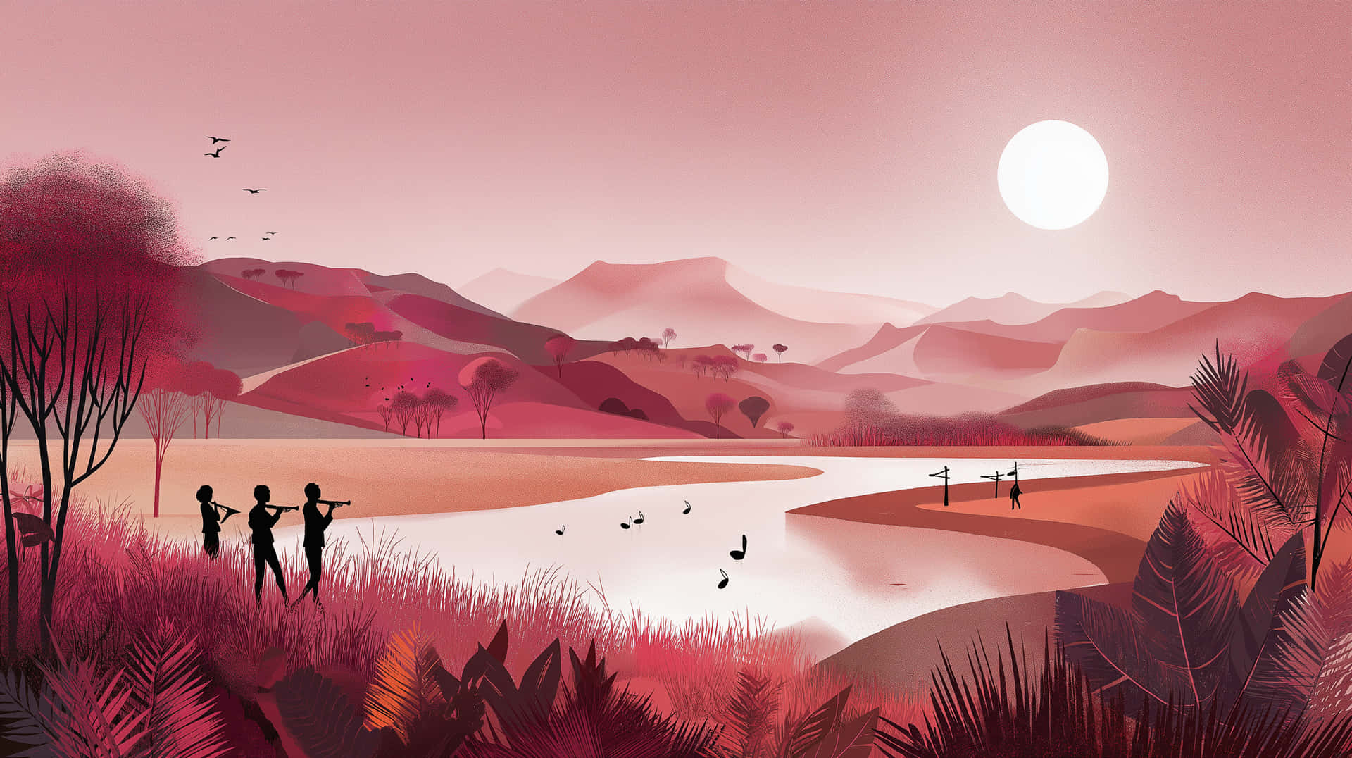 Musicians by Water in Pink-Hued Landscape at Sunset 壁紙 — 剪影人物在蜿蜒的河邊吹奏長笛，背景是發光的粉紅色日落、遠山和飛鳥。
