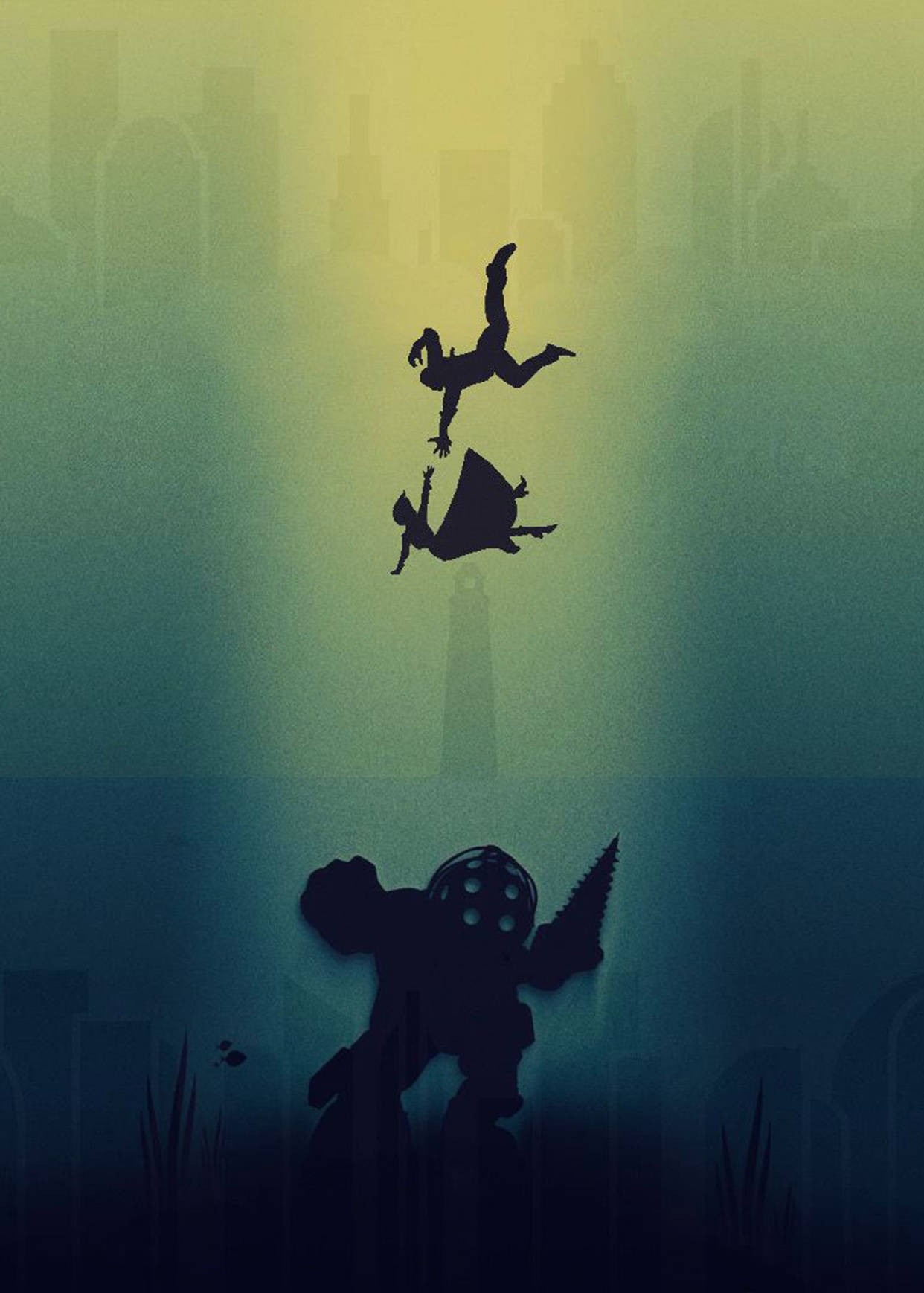 Bioshock Infinite iPhone 桌布 壁紙 — 剪影人物在黃色和青綠色的漸變城市景觀中跳躍和墜落。