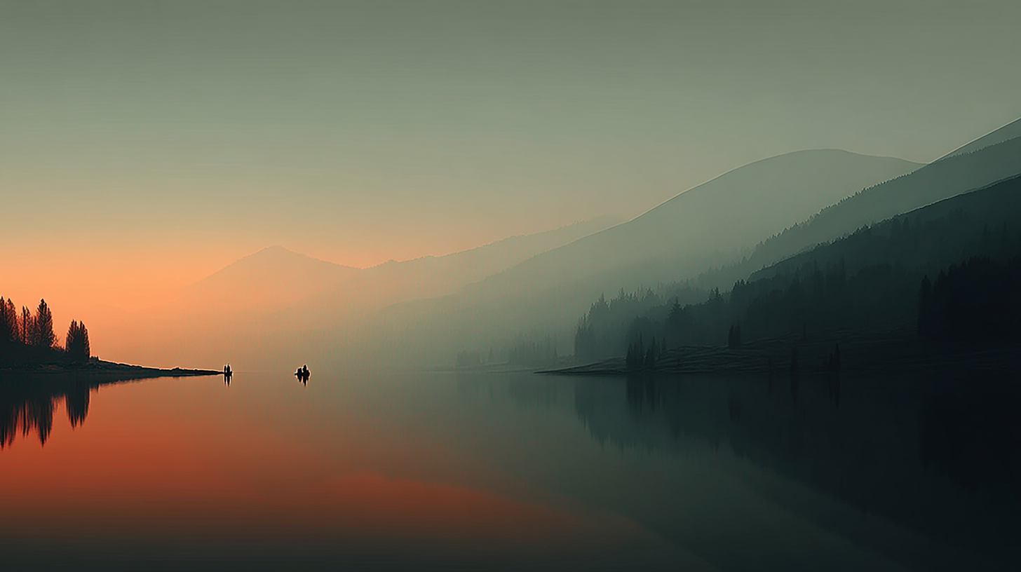 Calming Aesthetic 桌布 壁紙 — 剪影人物在黎明時分沿著霧氣瀰漫的湖泊行走，山巒逐漸消失在朦朧的橙色和藍綠色調中。