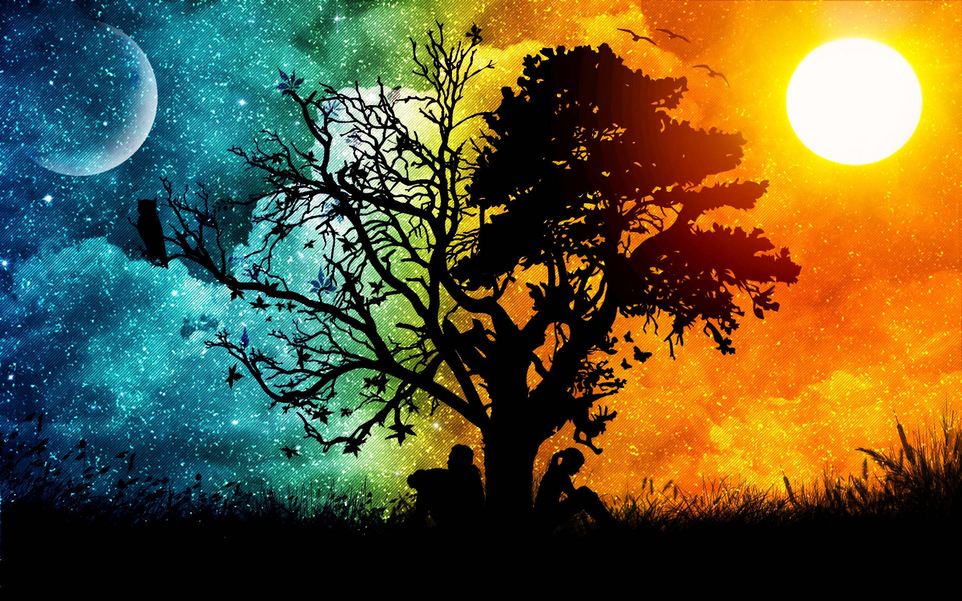 Sun And Moon 桌布 壁紙 — 剪影人物坐在一棵孤樹下，鮮豔的日落與星光月夜在超現實的宇宙景觀中碰撞。