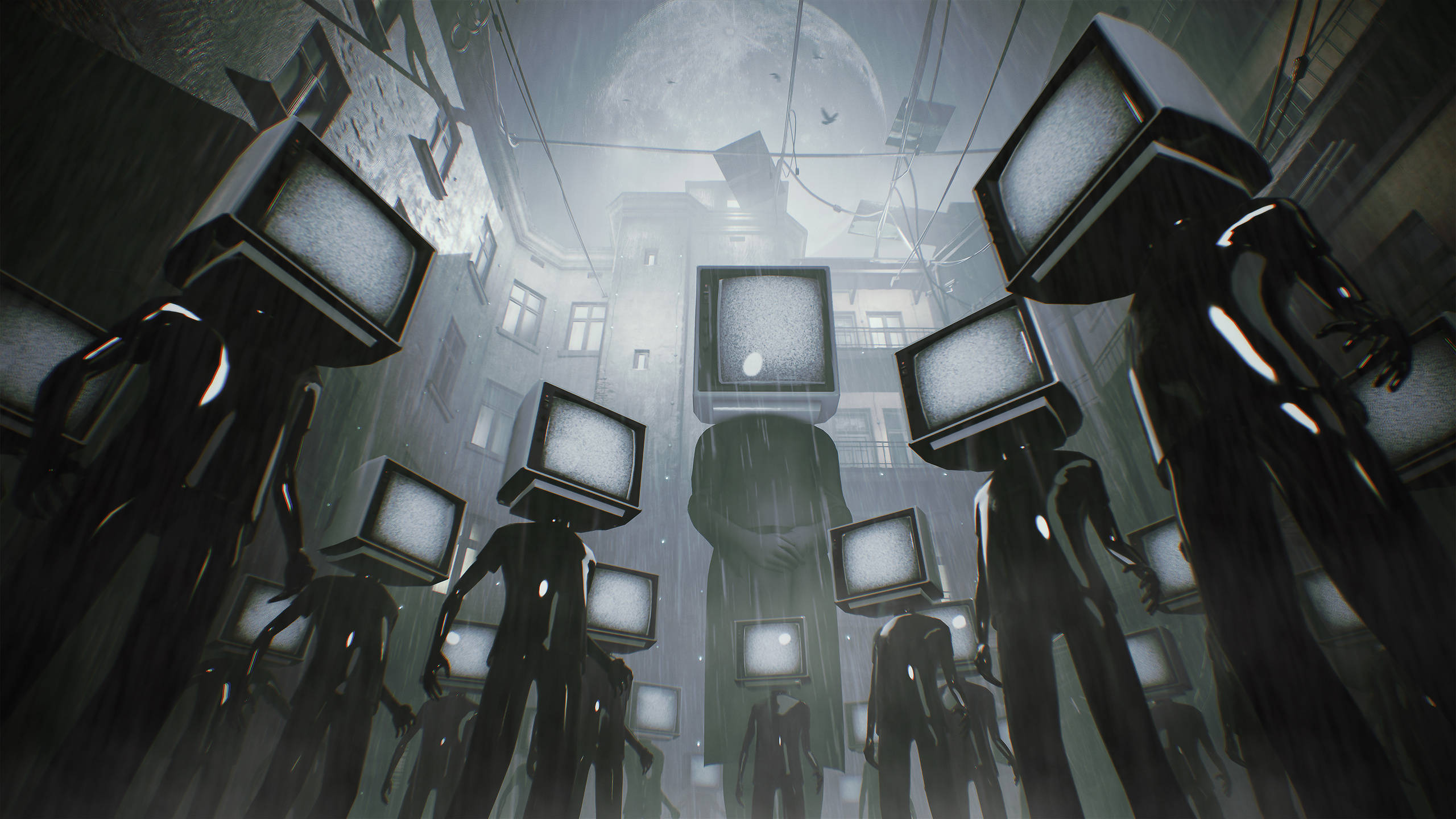 tv 桌布 壁紙 — 剪影人物帶有復古電視頭，站在被雨水浸濕的城市小巷中，上方懸著一輪逼近的月亮。