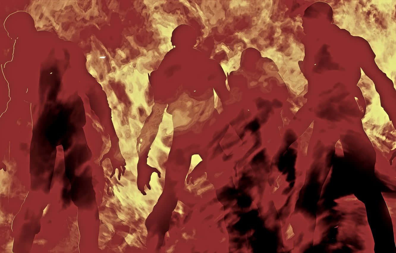 Undead 桌布 壁紙 — 剪影人物從旋轉的紅色和橙色火焰中浮現，構成一個戲劇性的數位藝術場景。