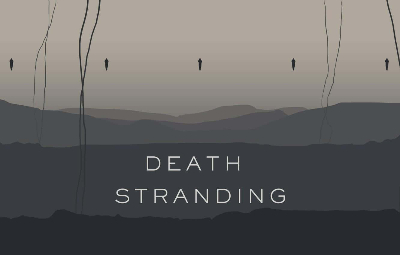 Death Stranding Pc 桌布 壁紙 — 剪影人物懸掛在纜線上，背景是柔和的山巒地平線，下方中央是《Death Stranding》標題。