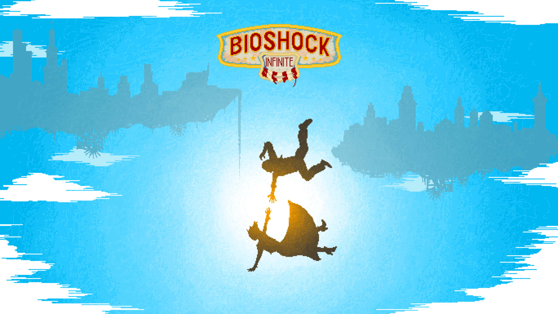 Best Bioshock Infinite 桌布 壁紙 — 剪影人物穿過明亮的藍天，天空倒映在水面上，Bioshock Infinite 標誌漂浮在城市天際線之上。