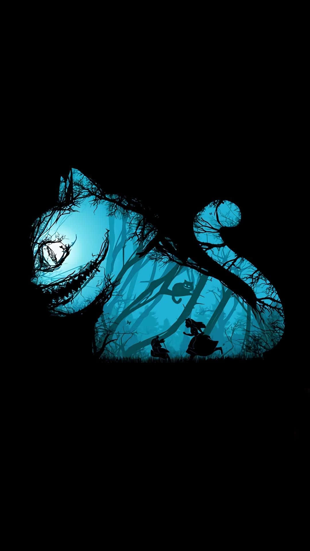 Alice Wonderland Aesthetic 桌布 壁紙 — 剪影人物穿過黑暗森林的開口，露出詭異的藍色發光樹木和月光照耀的天空。