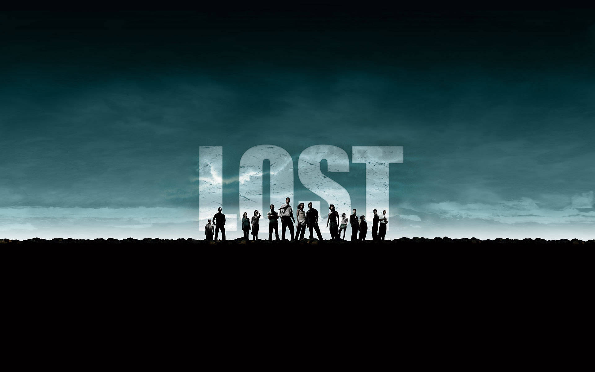lost 桌布 壁紙 — 剪影人物站在一個巨大的發光「LOST」標題前，背景是暴風雨般的藍綠色天空。