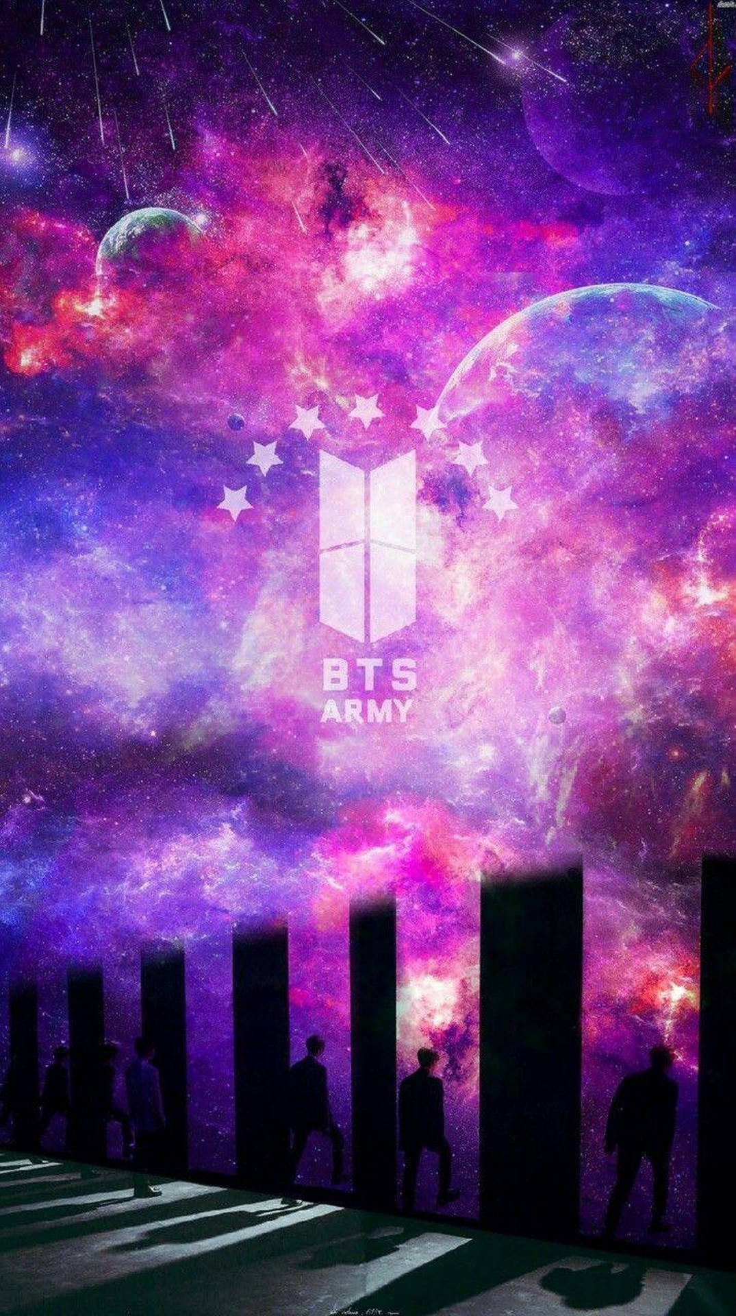 BTS Army粉絲以剪影形式出現在充滿行星和星星的鮮豔宇宙背景前。 — BTS ARMY GIF 壁紙