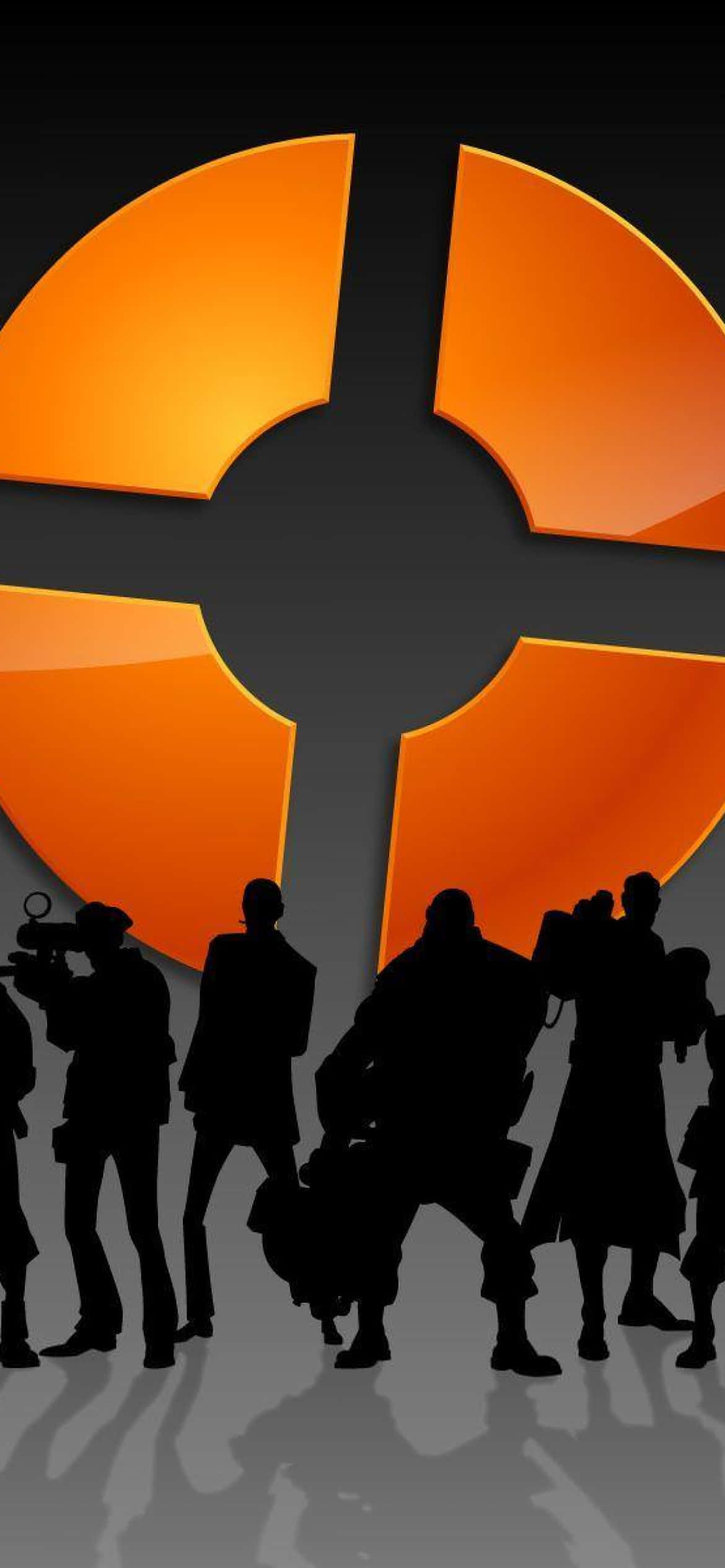 Pixel 3xl Team Fortress 2 桌布 壁紙 — 剪影人物站在一個發光的橙色圓形標誌前，該標誌帶有十字準線設計，背景為深色。