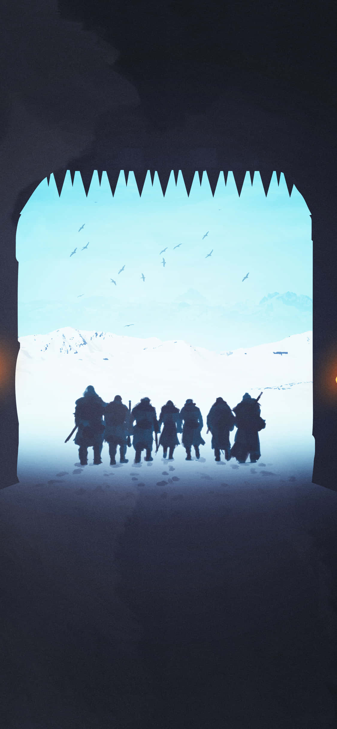 Game Of Thrones iPhone 桌布 壁紙 — 剪影人物站在凹凸不平的洞穴入口，面對著廣闊的雪景，蒼白的藍天下有鳥兒飛翔。