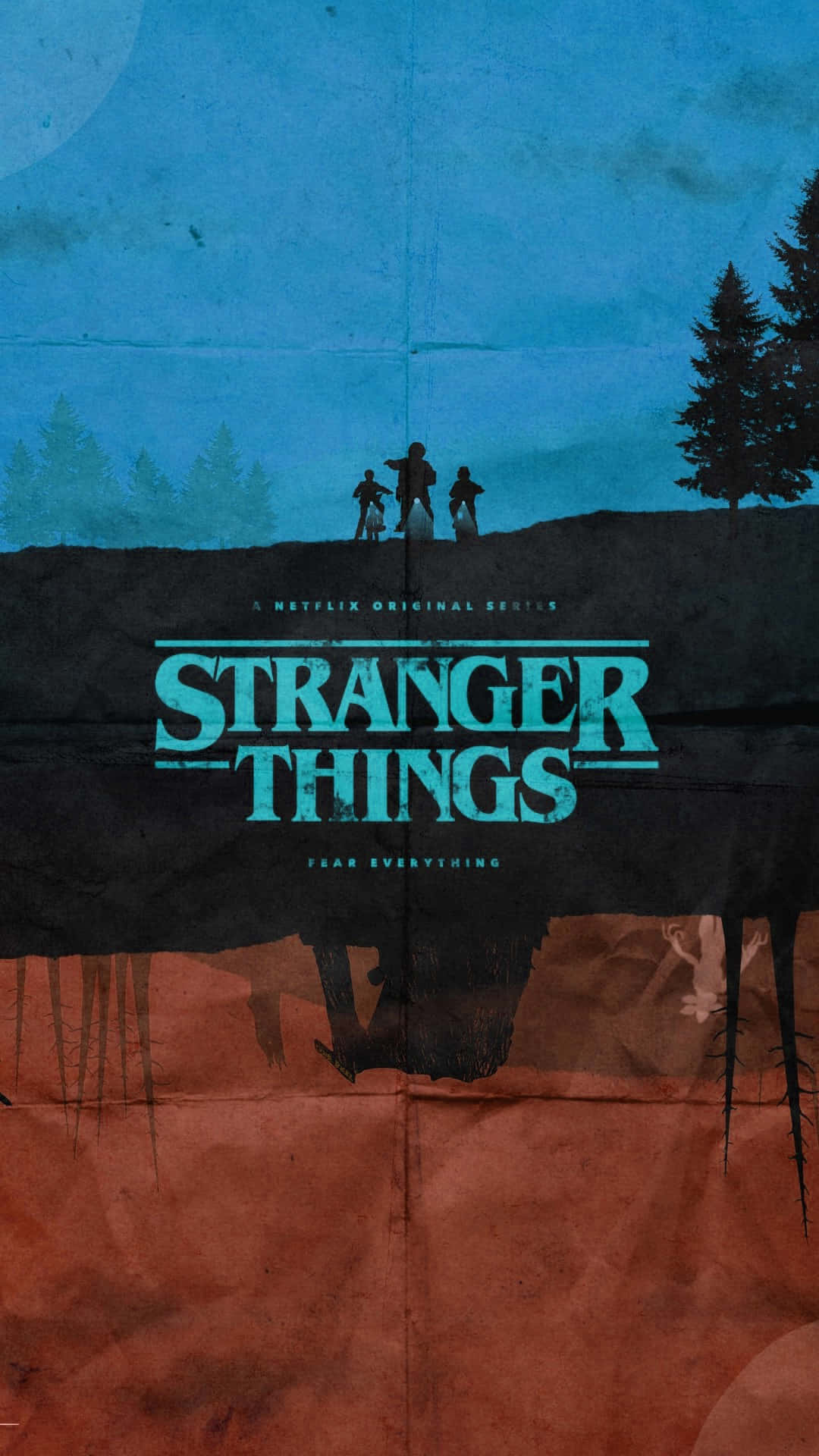Stranger Things Girly 桌布 壁紙 — 剪影人物站在山頂上，在青綠色天空下，有松樹，Stranger Things 標題疊加在撕裂的紙張紋理上。