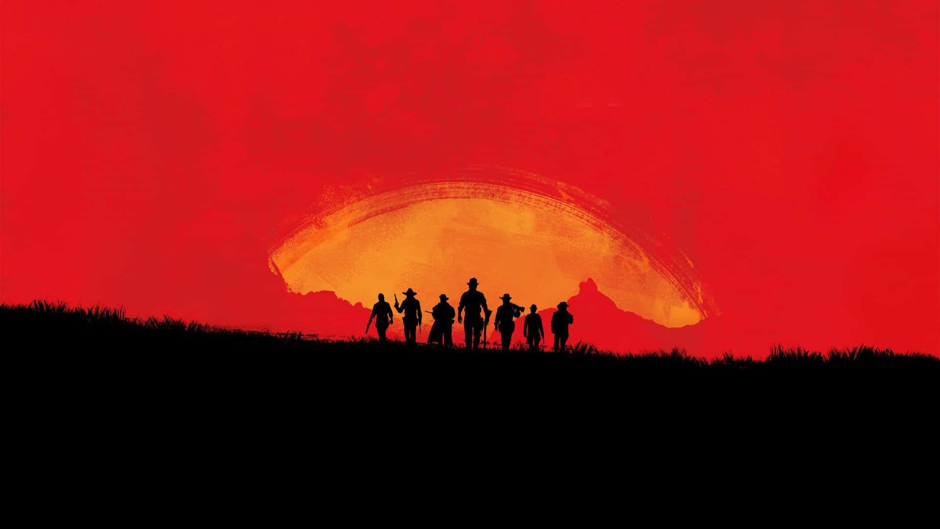 1920x1080 Red Dead Redemption 2 桌布 壁紙 — 剪影人物站在山頂上，背景是火紅的日落和發光的橙色太陽。