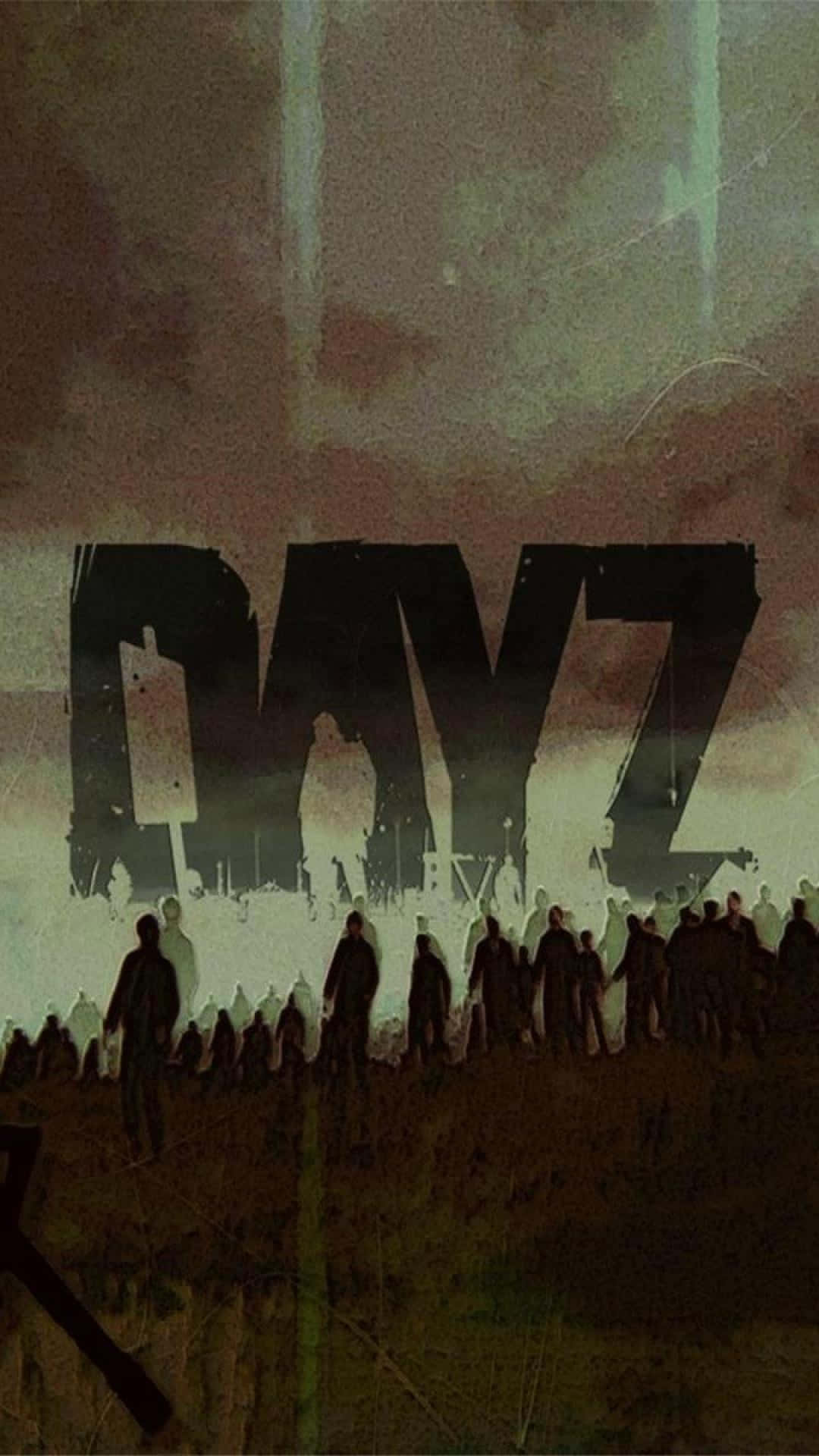 iPhone Xs Dayz 桌布 壁紙 — 剪影人物站在巨大的「DAYZ」標題前，背景是帶有綠色和棕色條紋的暴風雨天空。
