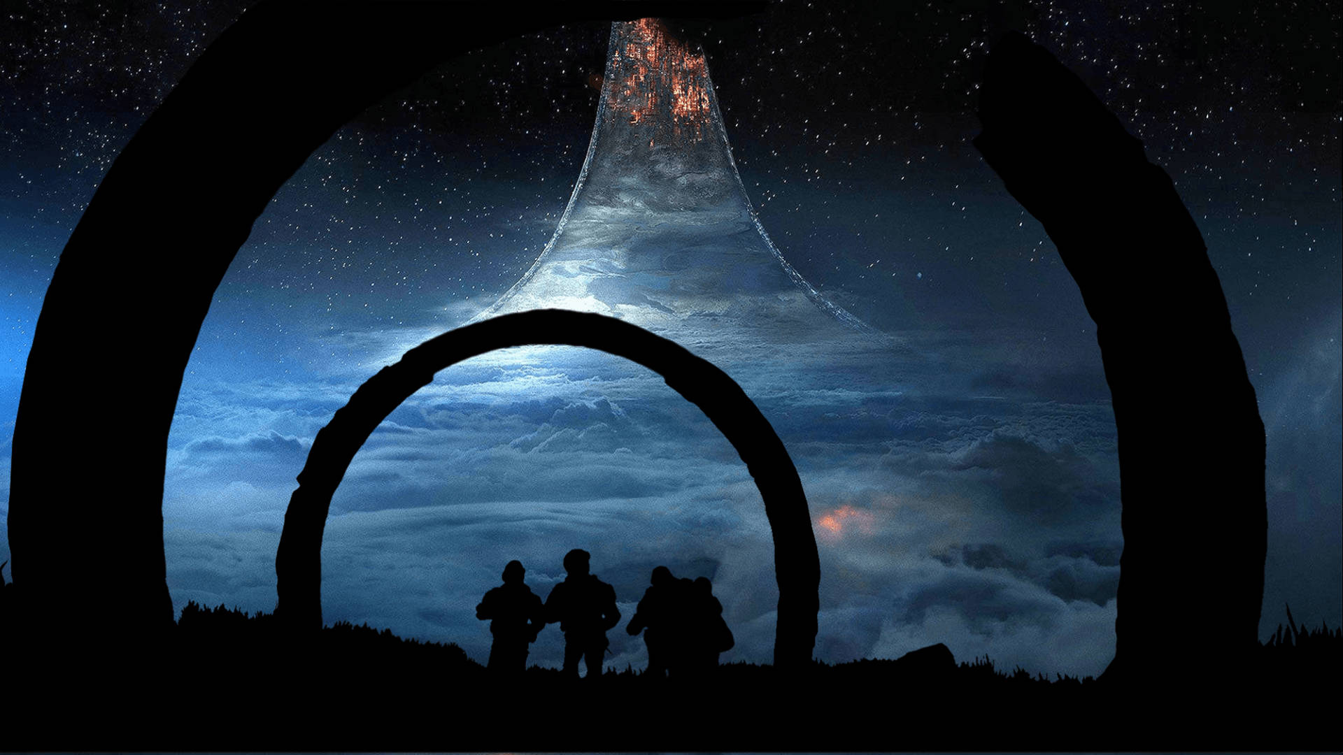 Halo Infinite 4K 桌布 壁紙 — 剪影人物站在巨大的石拱門下，凝視著一道發光的宇宙瀑布，穿過繁星點點的夜空傾瀉而下。