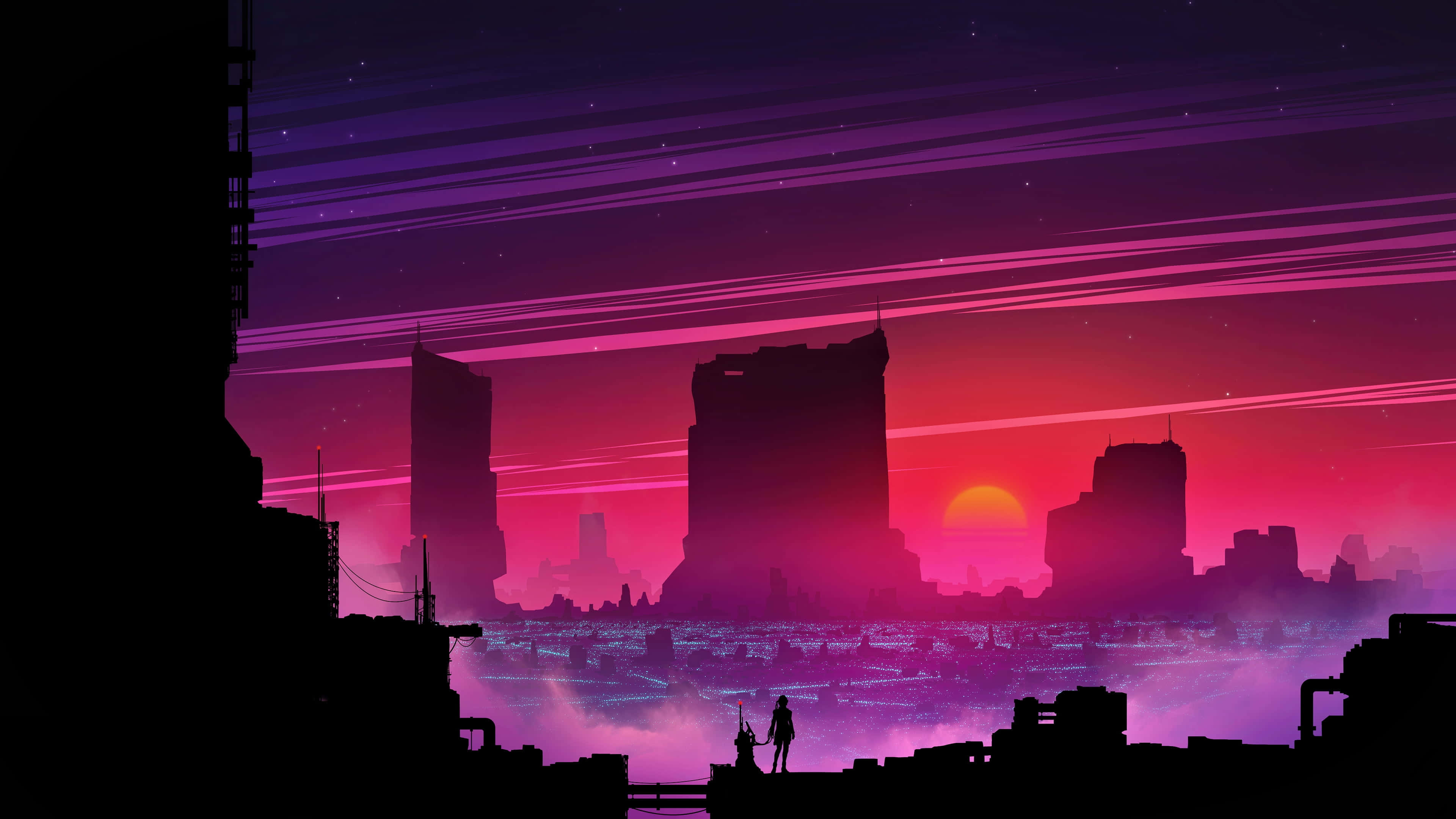 Cyberpunk Aesthetic 桌布 壁紙 — 剪影人物站在廢墟城市景觀之上，天空是充滿活力的紫色和粉紅色日落，帶有發光的光跡。
