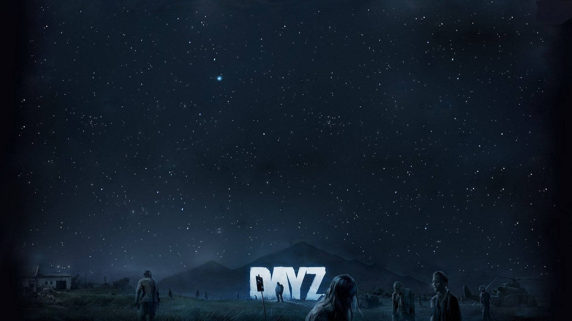 Dayz Desktop 桌布 壁紙 — 剪影人物站在星空下，發光的白色字母在山坡上拼出DAYZ。