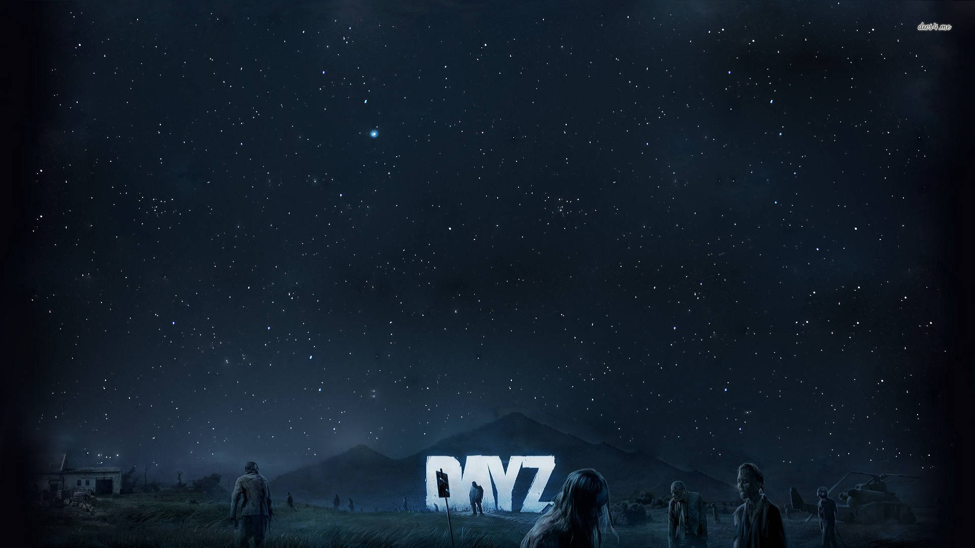 DayZ 桌布 壁紙 — 剪影人物站在星空下，發光的白色字母在遠山前拼出 DAYZ。