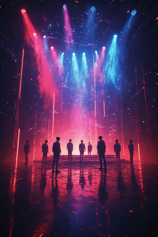 Futuristic Stray Kids Stage Wallpaper with Shadowy Figures and Intense Lighting 壁紙 — 剪影人物站在濕漉漉的舞台上，在鮮豔的紅色、藍色和青色聚光燈下，營造出戲劇性的音樂會氛圍。