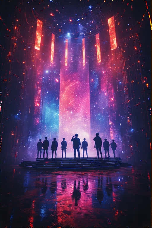 Futuristic Stray Kids Stage Wallpaper with Shadowy Figures and Intense Lighting 壁紙 — 剪影人物站在濕漉漉的舞台上，背景是傾瀉而下的霓虹燈光和宇宙星雲。