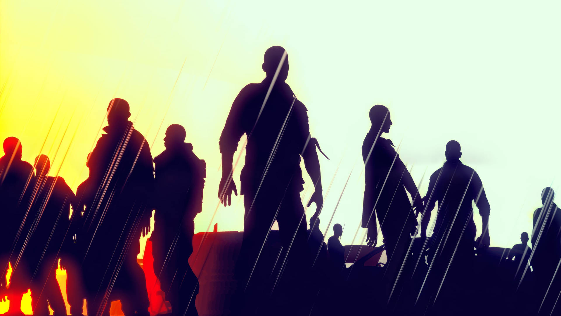 Dying Light 桌布 壁紙 — 剪影人物站在燦爛的日落天空前，光線如雨般落下。