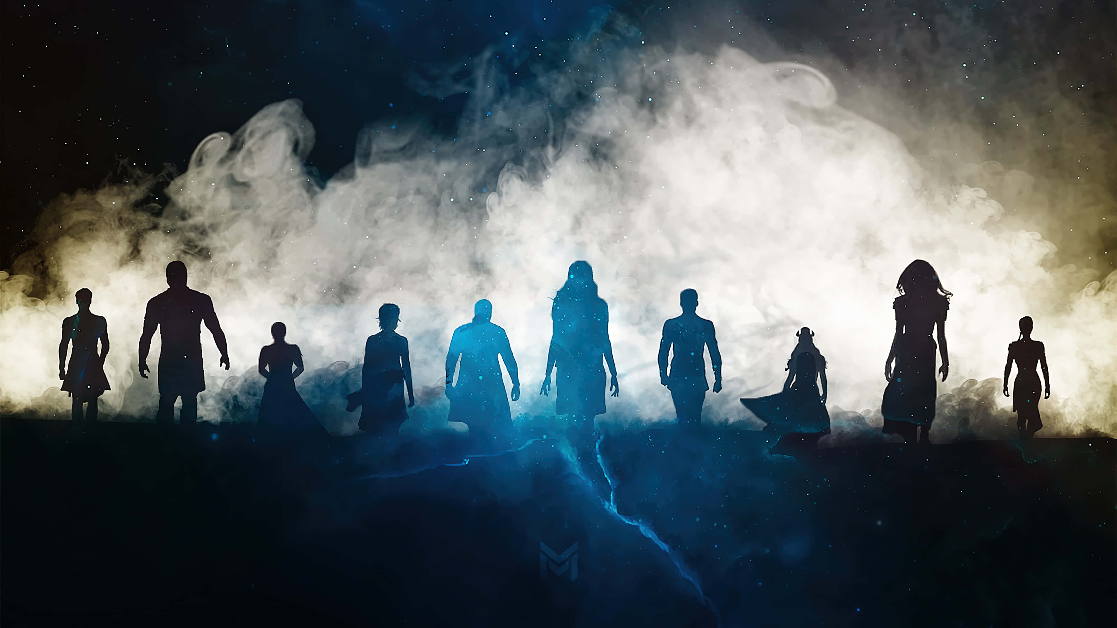 Eternals Movie 桌布 壁紙 — 剪影人物站在發光的懸崖上，背景是星空夜空和旋轉的宇宙雲。
