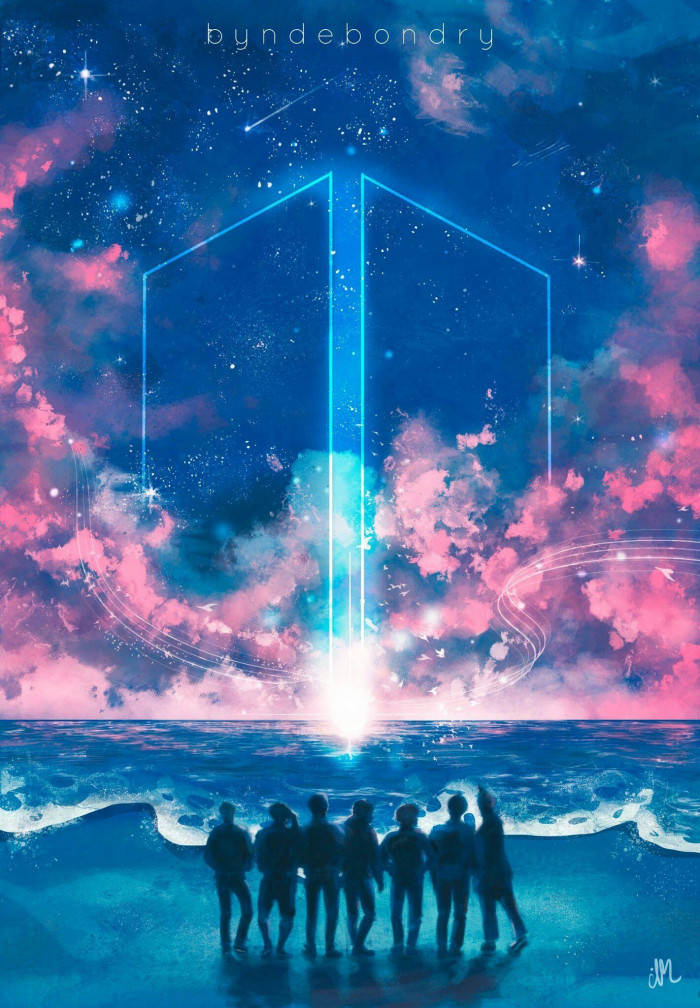 BTS 鎖定螢幕 桌布 壁紙 — 剪影人物站在發光的海岸線上，凝視著一個在繁星點點的粉藍色天空下從海洋中出現的發光藍色幾何傳送門。